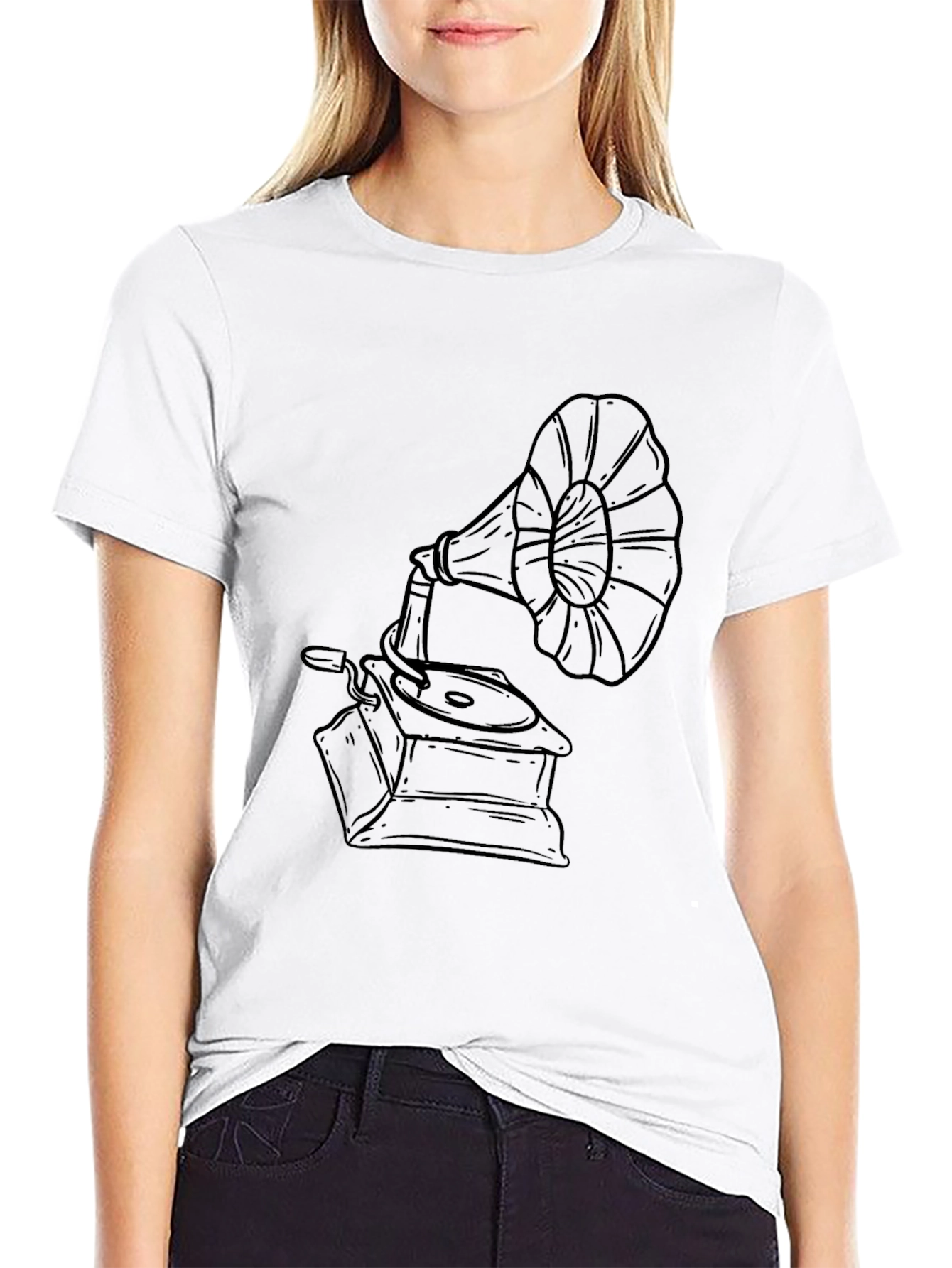 Black Vintage Gramophone Graphic Tee - Retro Style view 9