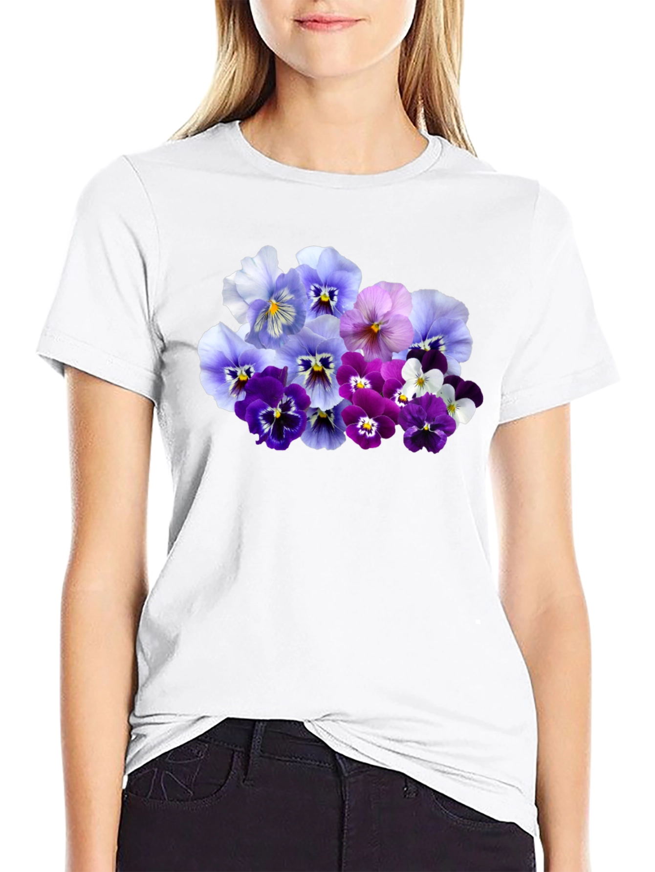 Black Floral Pansy Print Black T-Shirt view 9