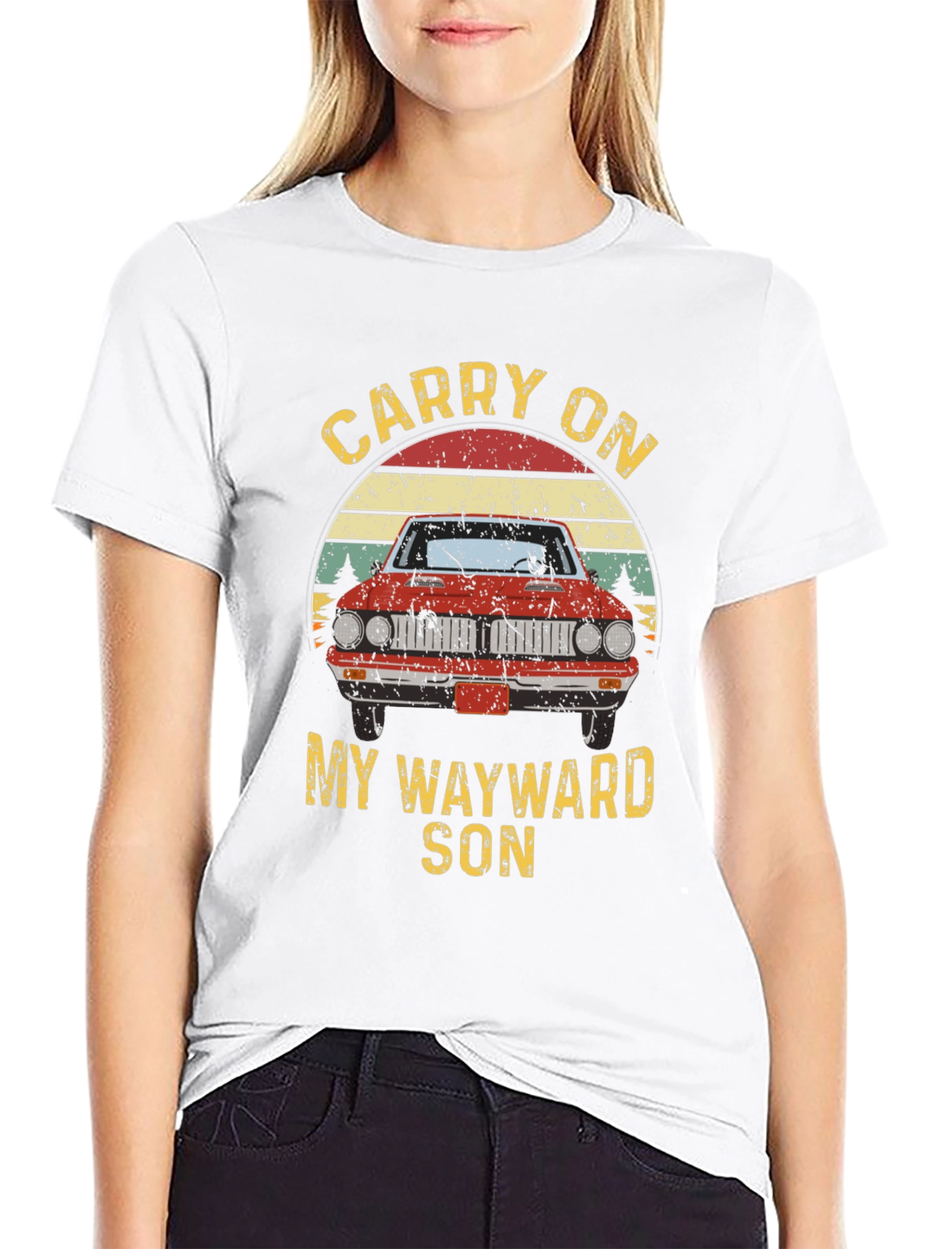 Black Carry On Wayward Son Graphic T-Shirt - Classic Car Design view 9