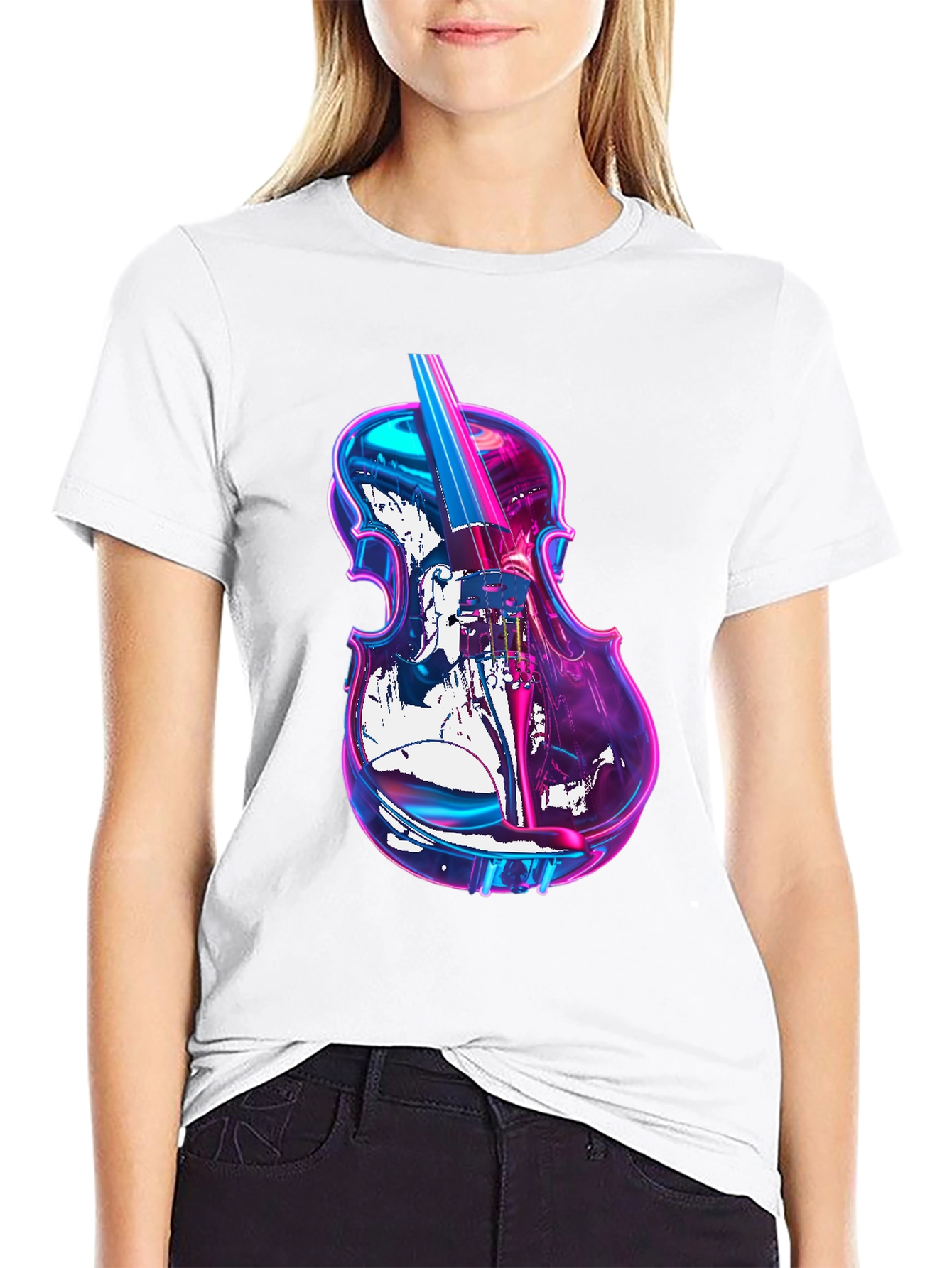 Black Vibrant Neon Violin Graphic Black T-Shirt view 9