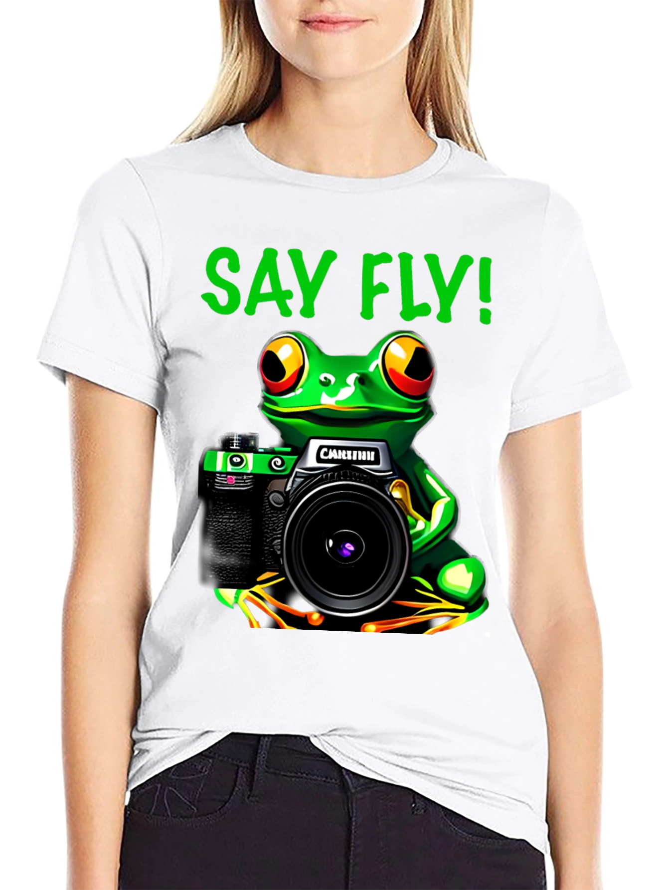 Black Frog Photographer T-Shirt - Say Fly! Black Cotton Tee view 9