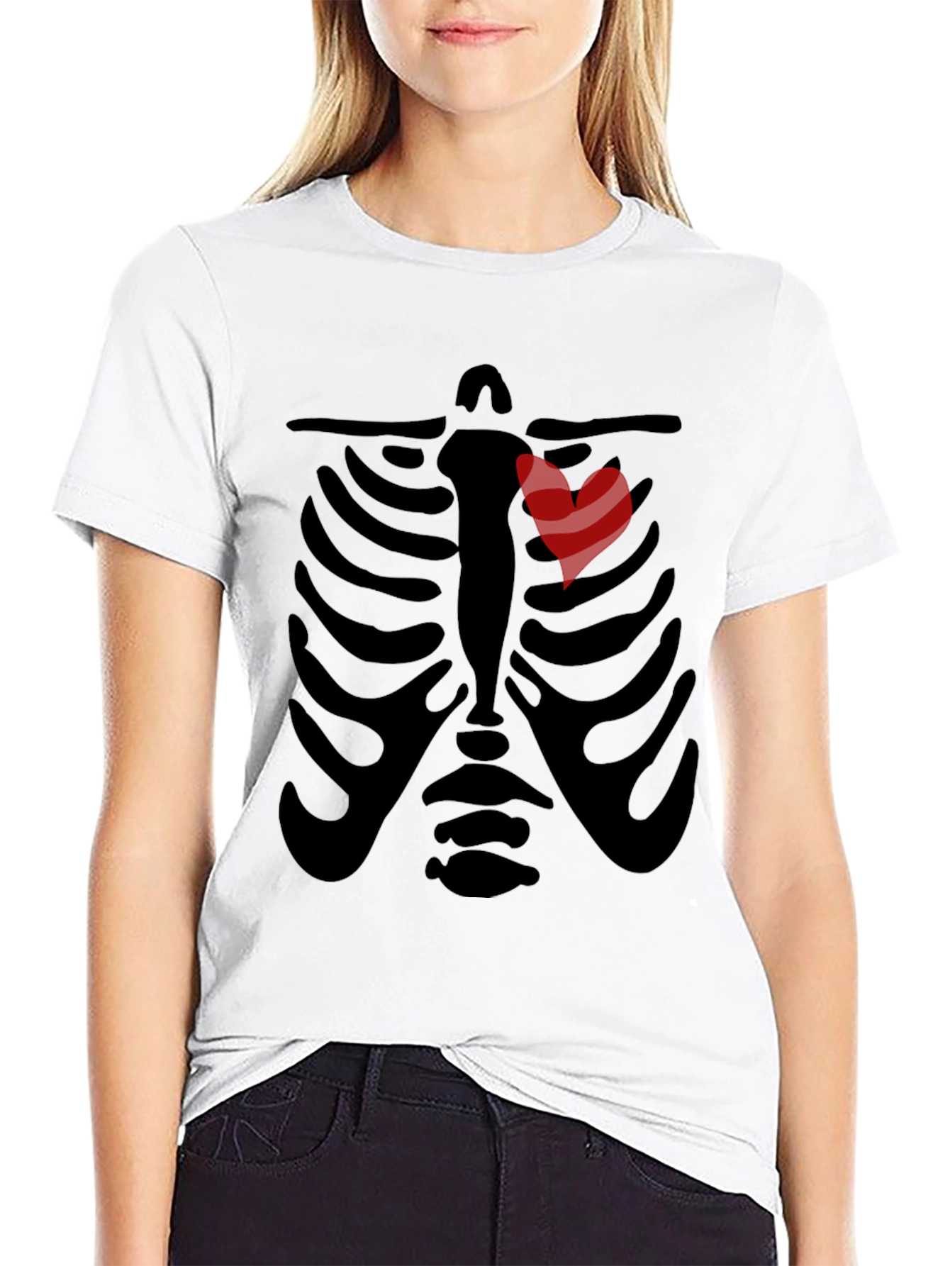 Black Rib Cage Heart Graphic Tee - Unique Skeleton Halloween Shirt view 9