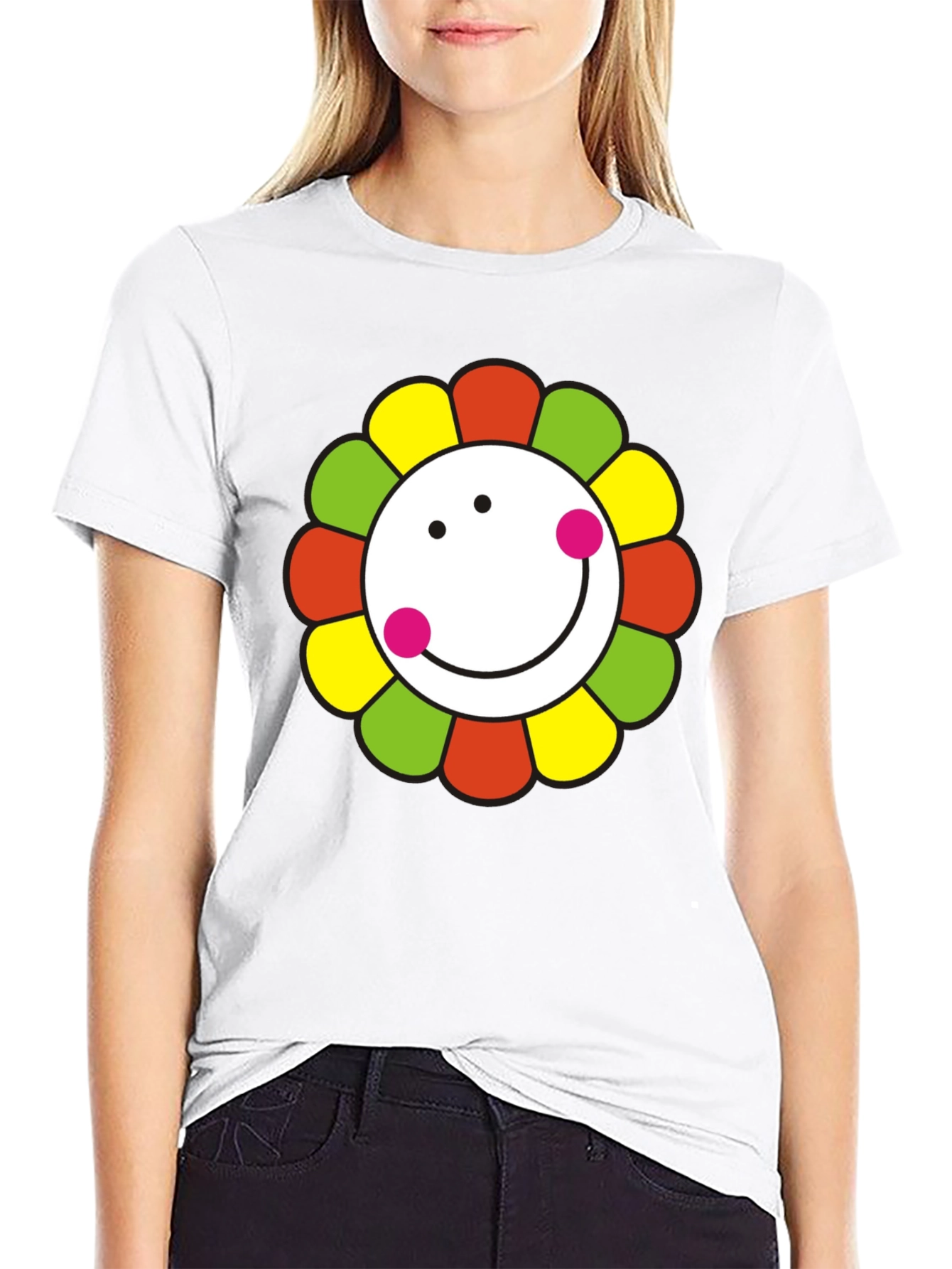 Black Smiley Flower Graphic T-Shirt - Black Cotton Tee view 9