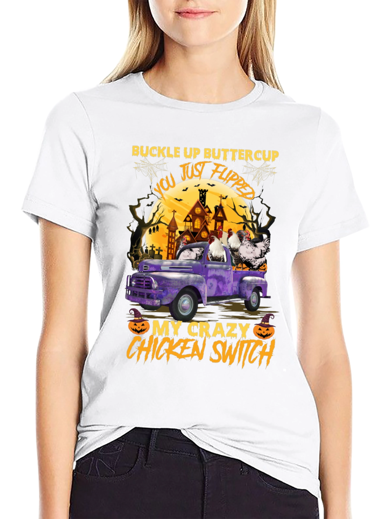 Black Crazy Chicken Switch Halloween T-Shirt view 9