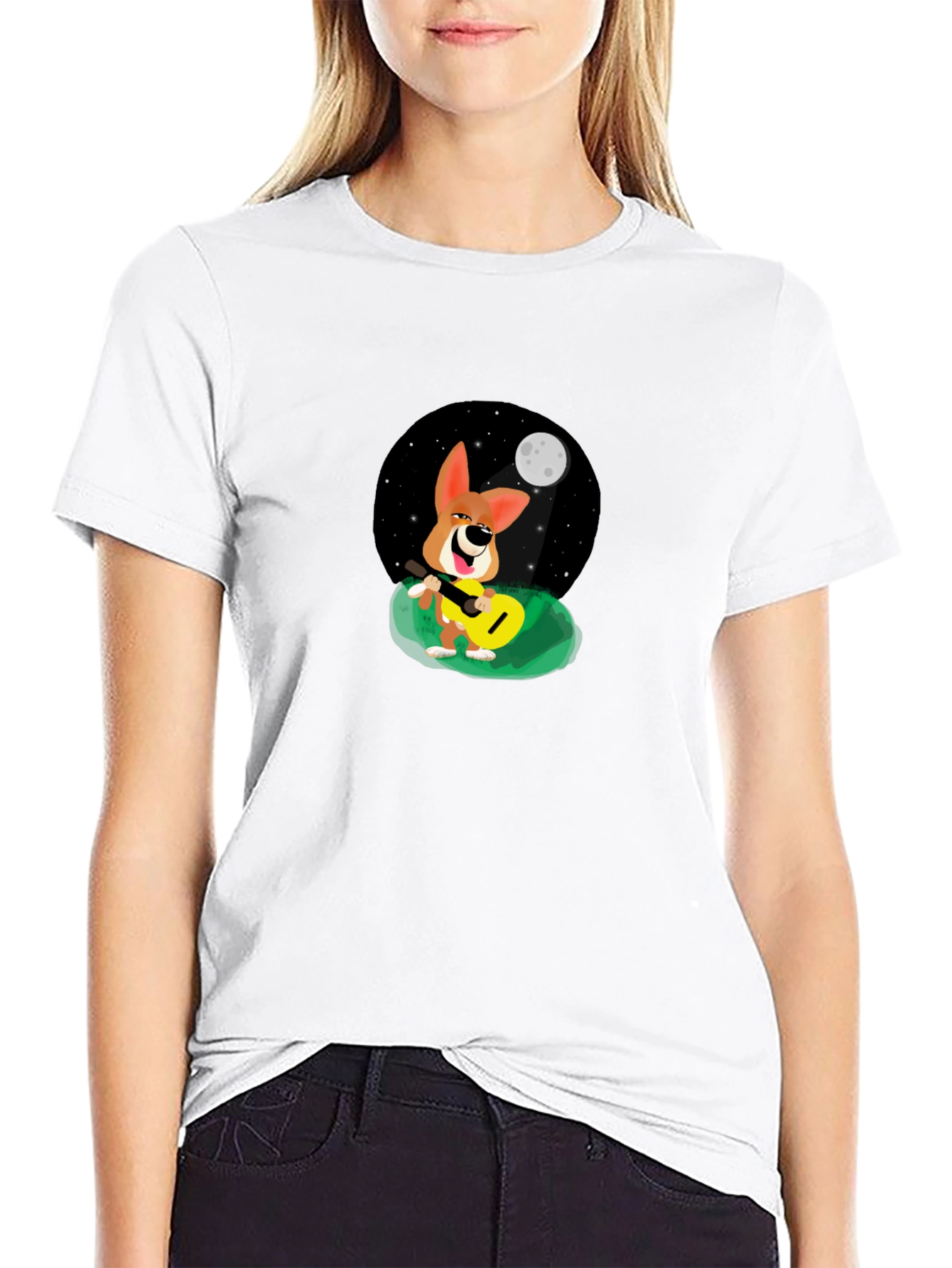 Black Dog Playing Guitar Under Moonlight T-Shirt view 9