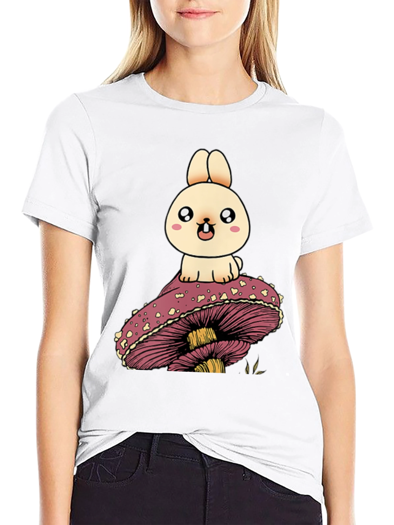 Black Cute Bunny on Mushroom Graphic T-Shirt view 9