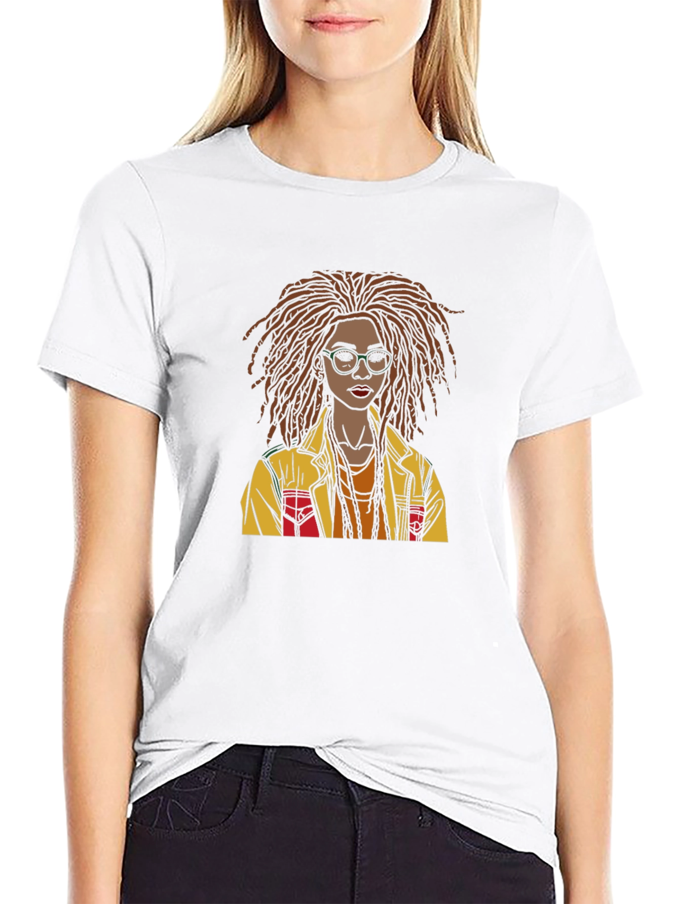 Black Stylish Graphic T-Shirt - Woman with Dreadlocks Art view 9