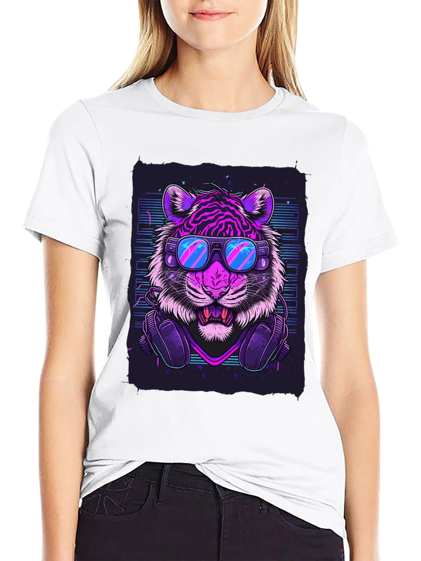 Black Neon Tiger Graphic Tee - Cool Animal Print T-Shirt view 9