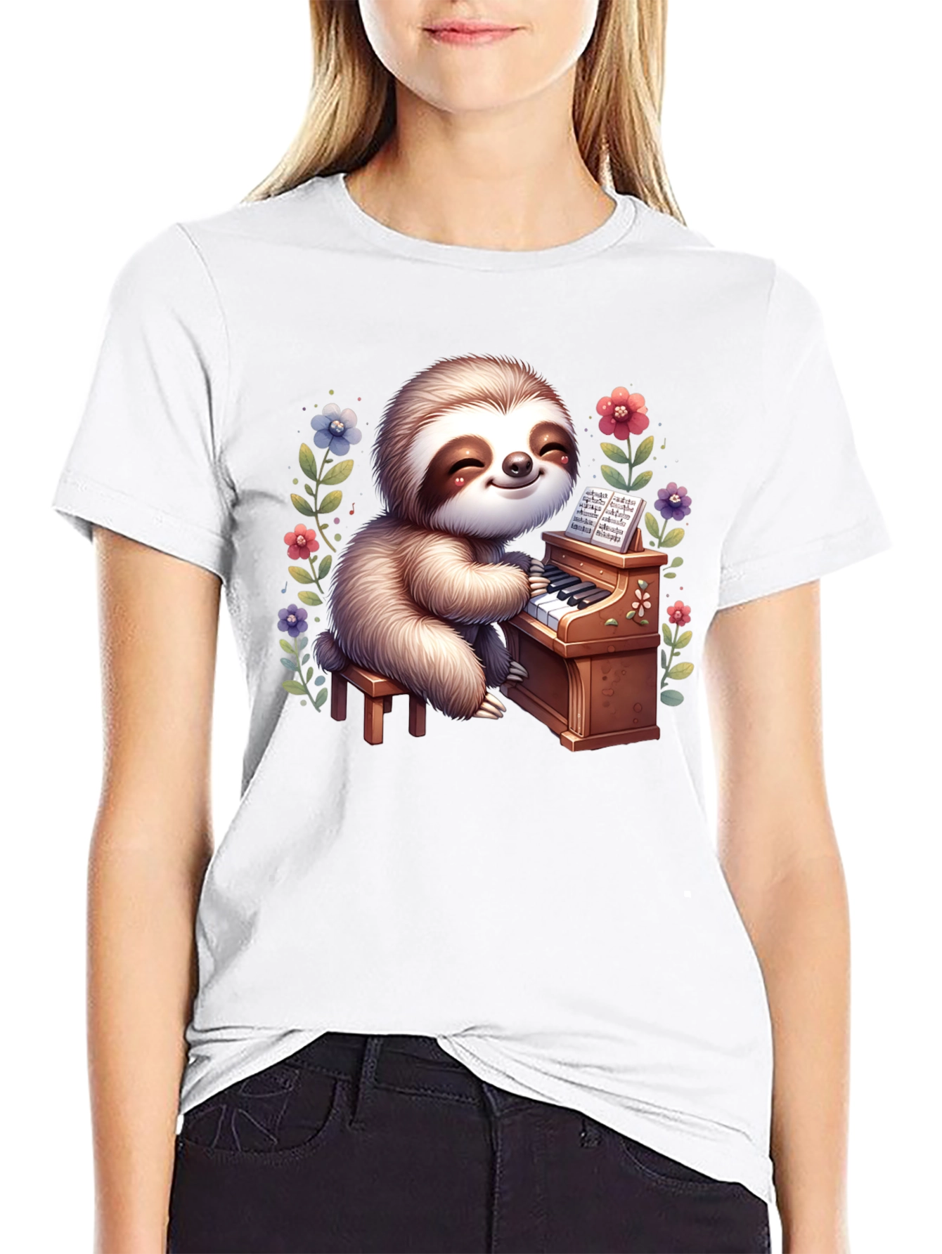 Black Sloth Pianist Graphic Tee - Cute & Unique! view 9