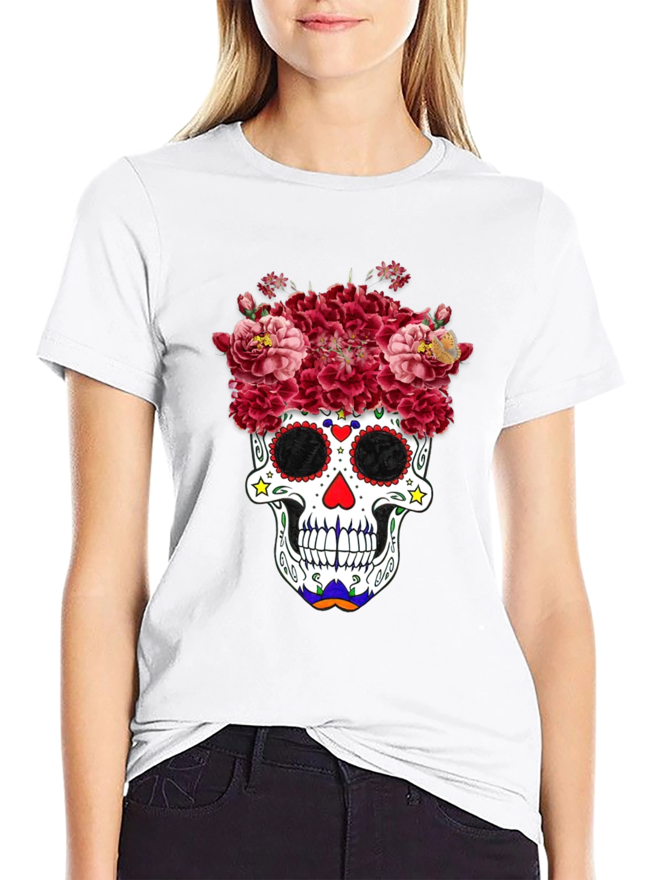 Black Floral Sugar Skull Graphic Tee - Day of the Dead view 9