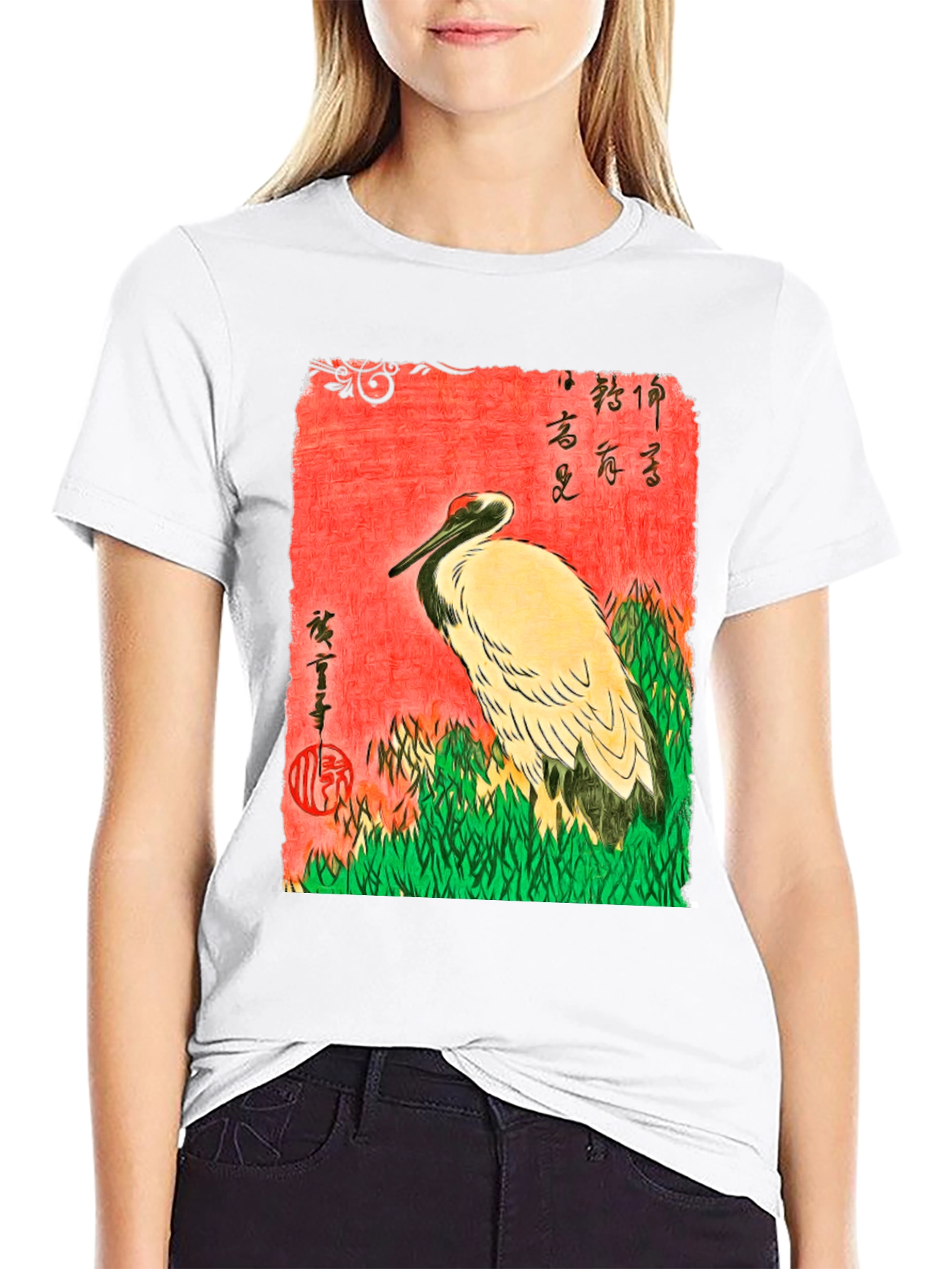 Black Japanese Crane Ukiyo-e T-Shirt view 9