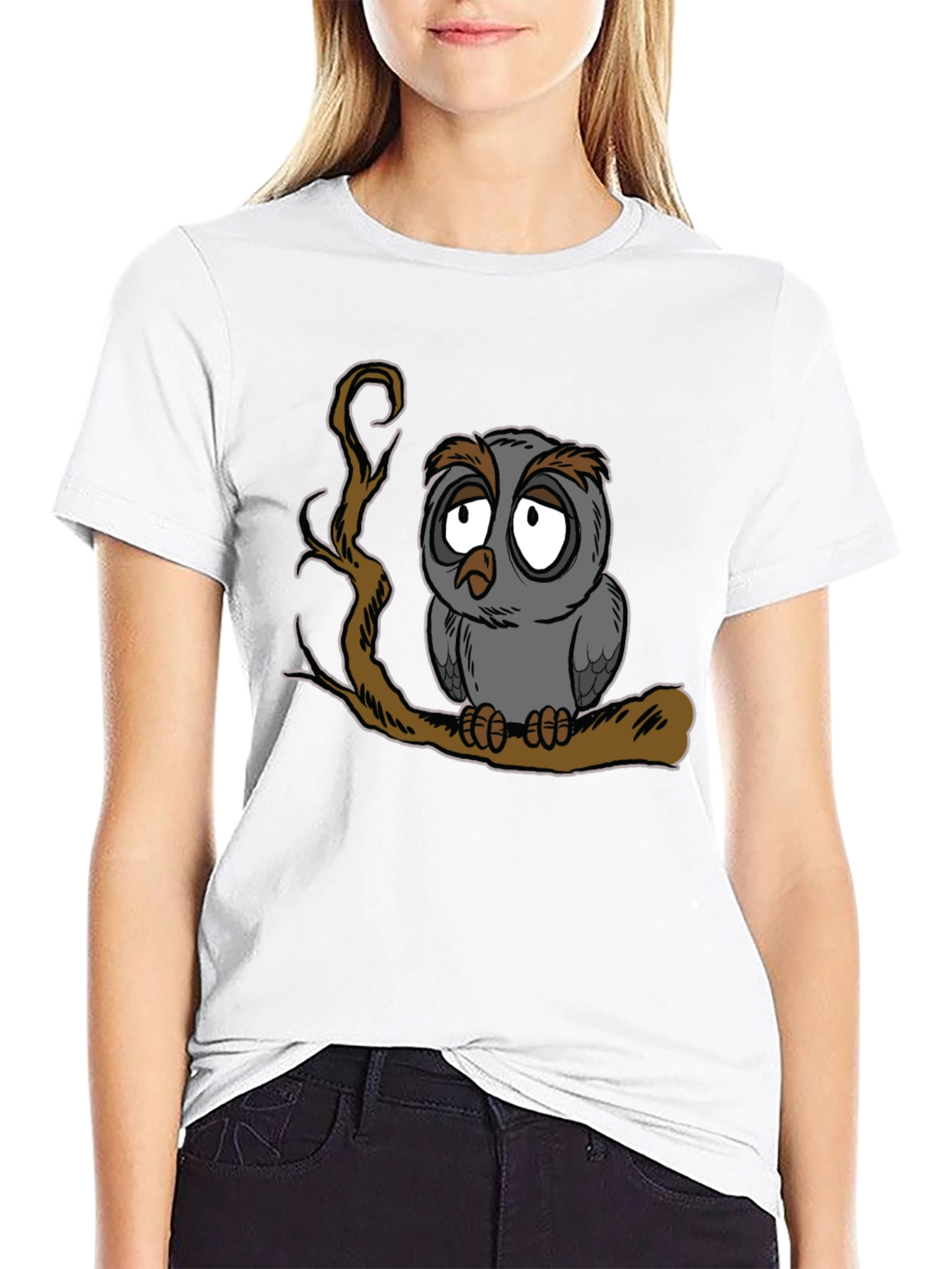 Sad Owl Graphic Print Black T-Shirt - 9