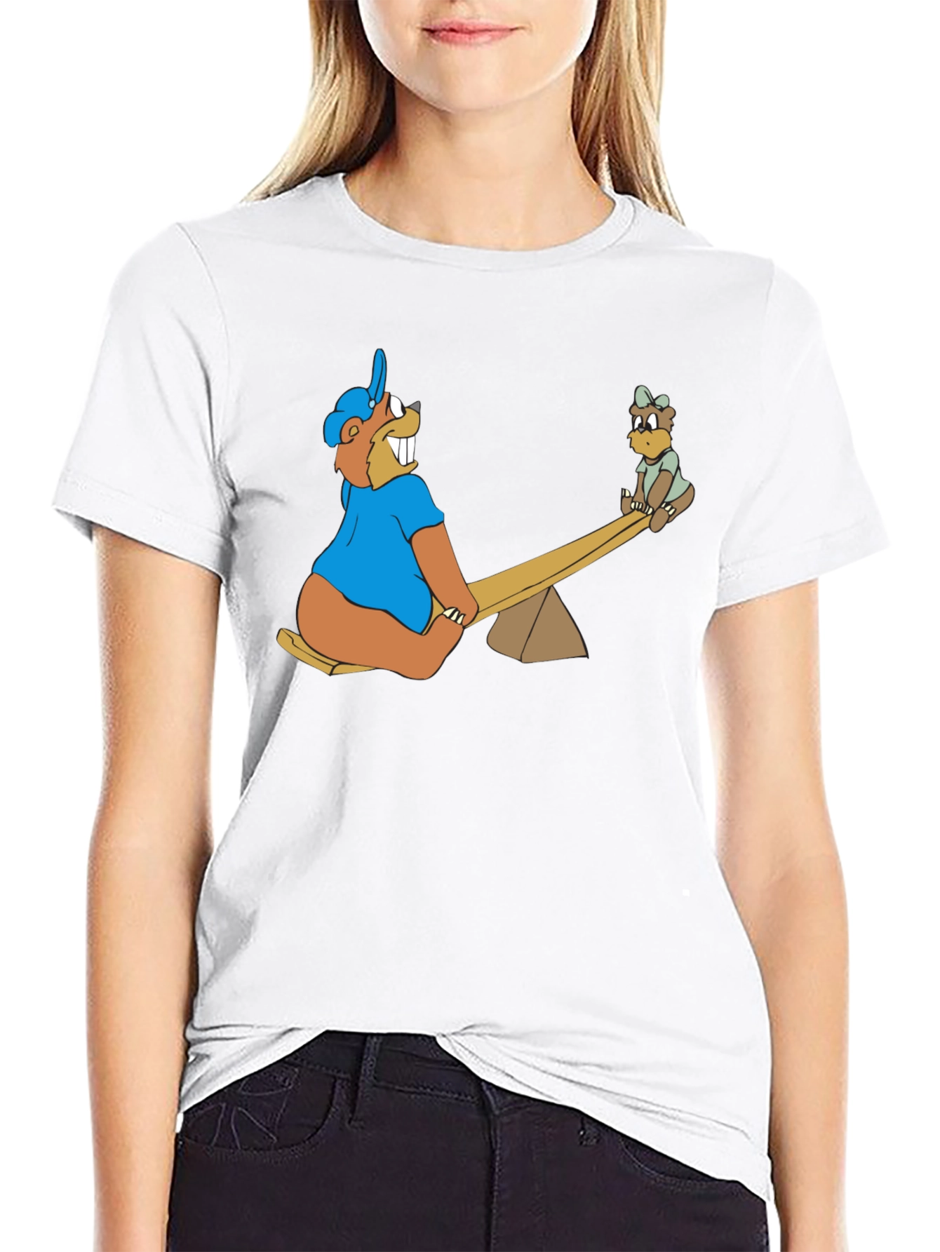 Black Cartoon Beaver See-Saw Black T-Shirt view 9