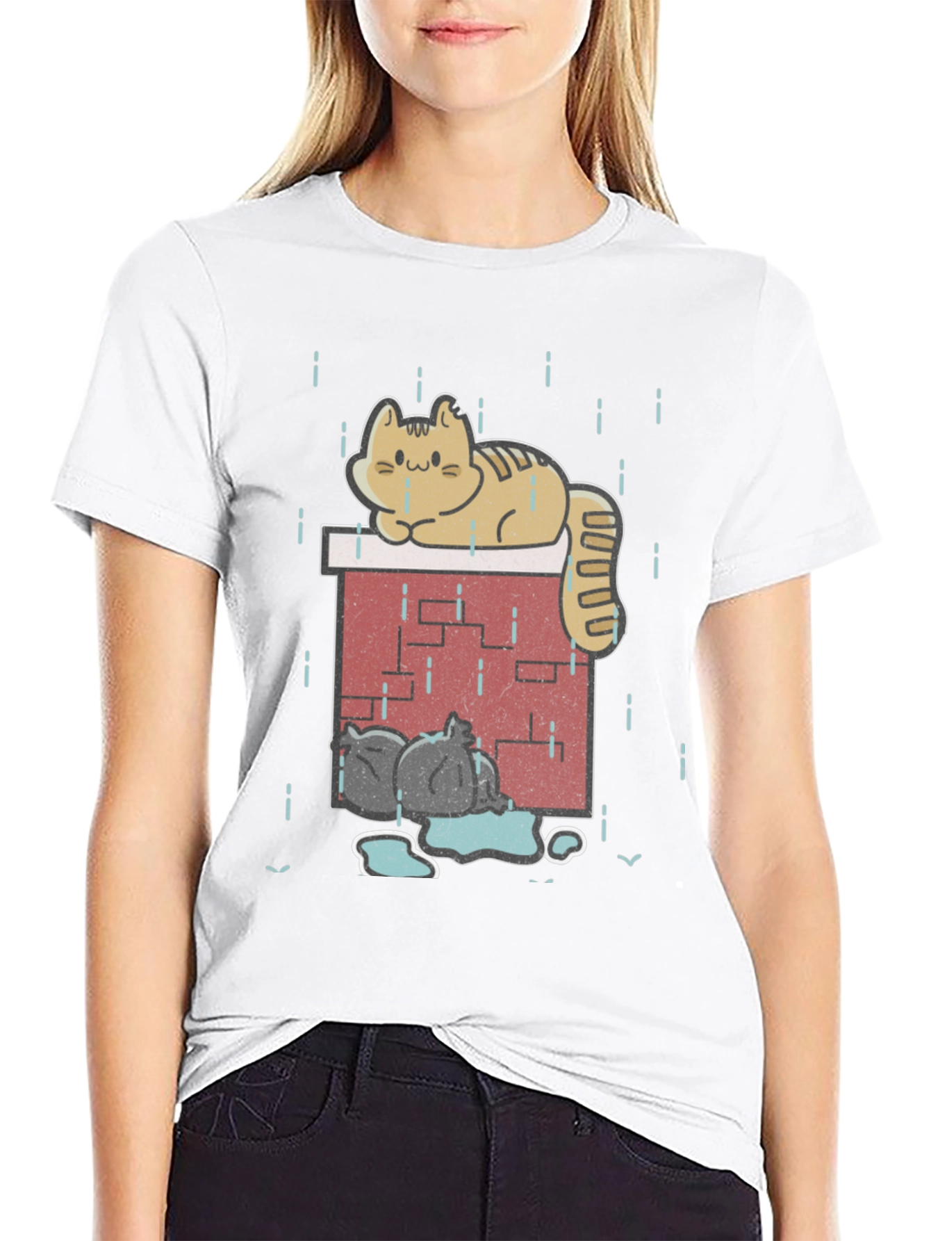 Black Cute Cat In Rain Graphic T-Shirt view 9