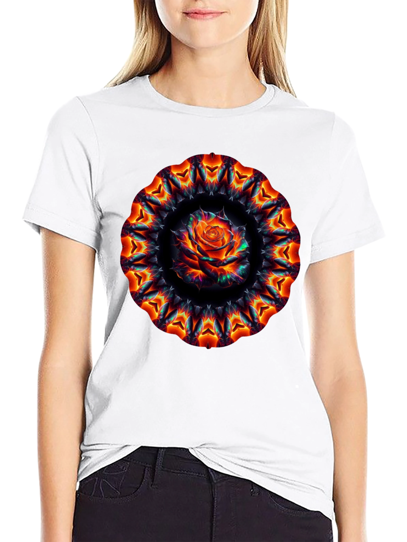 Black Fiery Rose Mandala Black T-Shirt view 9