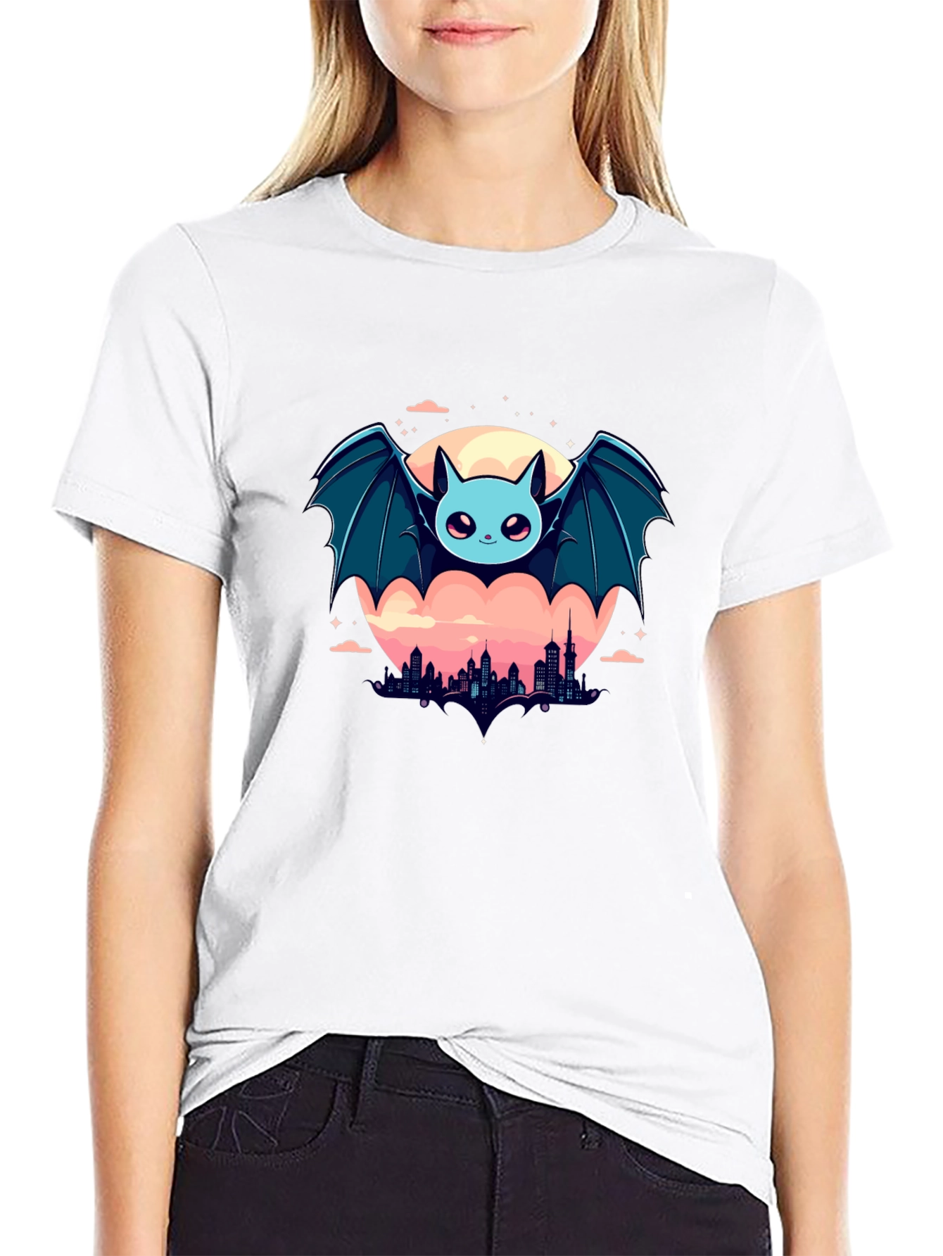 Black Cute Bat Over City Graphic Tee view 9