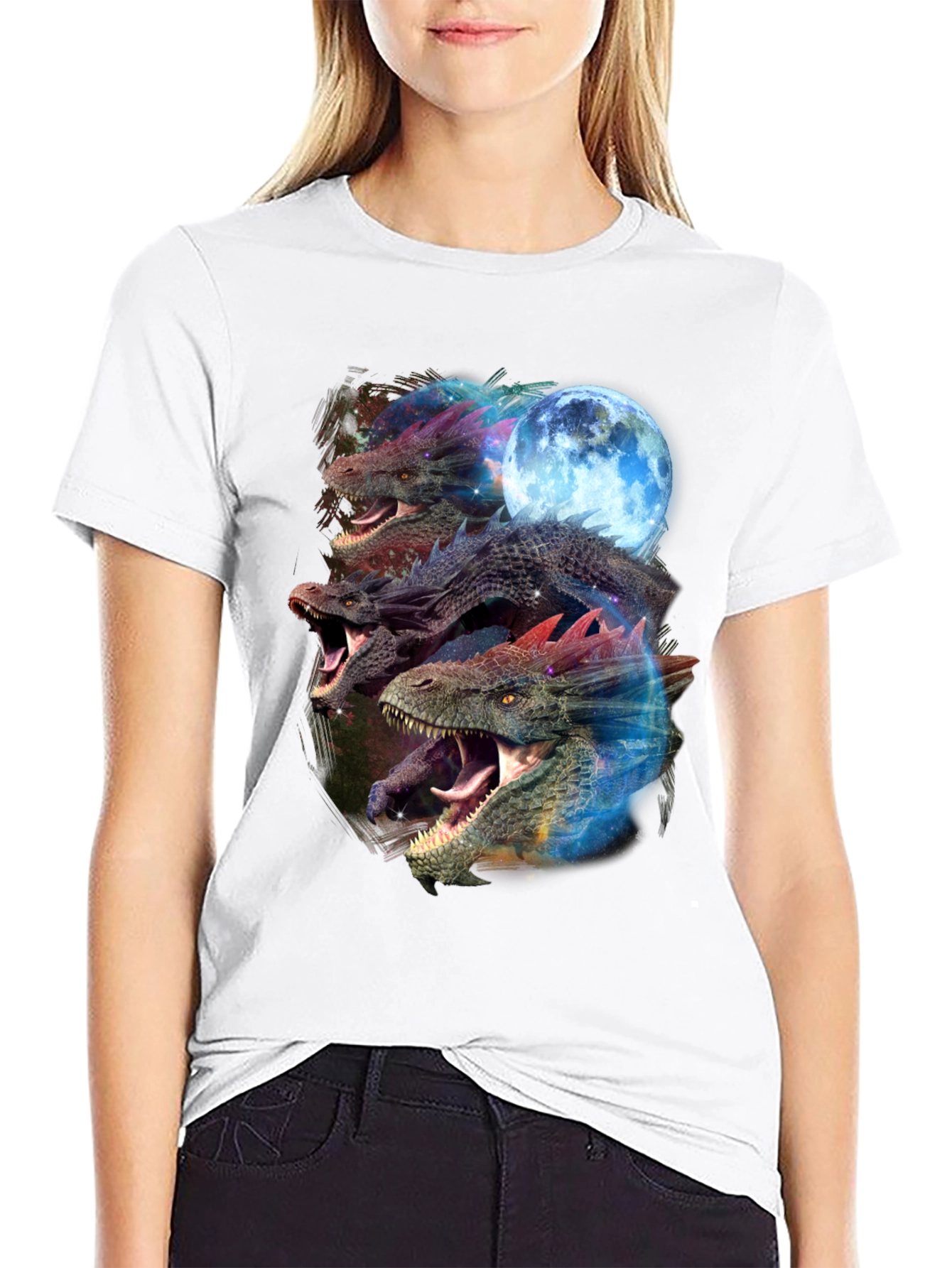 Black Dragon Trio Moon Black T-Shirt Graphic Print view 9