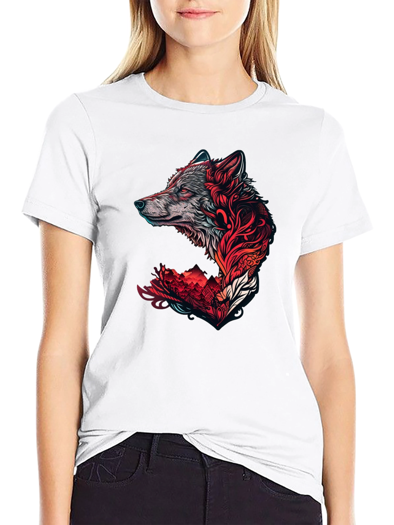 Black Wolf Graphic Print Crew Neck Tee - Black view 9