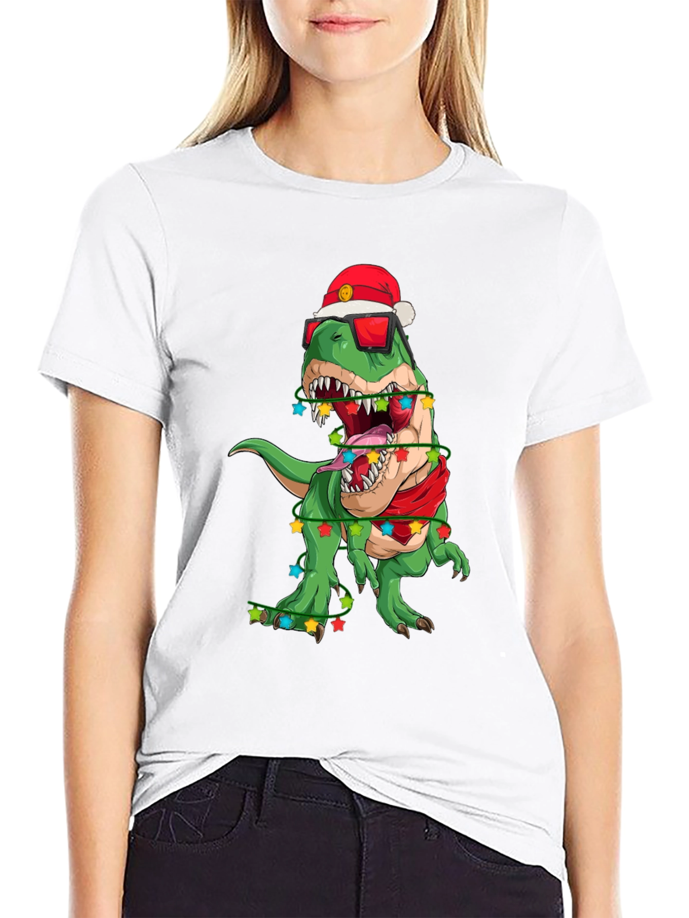 Black Festive Dinosaur T-Shirt: Holiday T-Rex in Santa Hat view 9