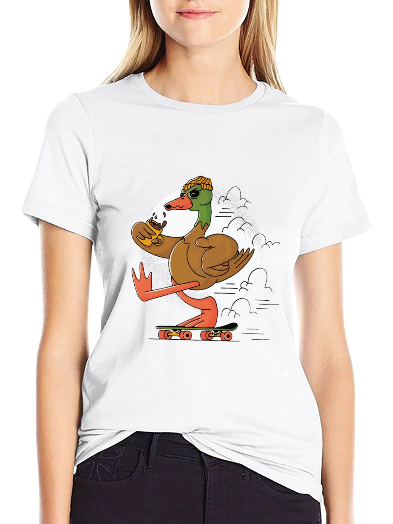 Black Skateboarding Duck T-Shirt: Cool Coffee Drinking Bird view 9