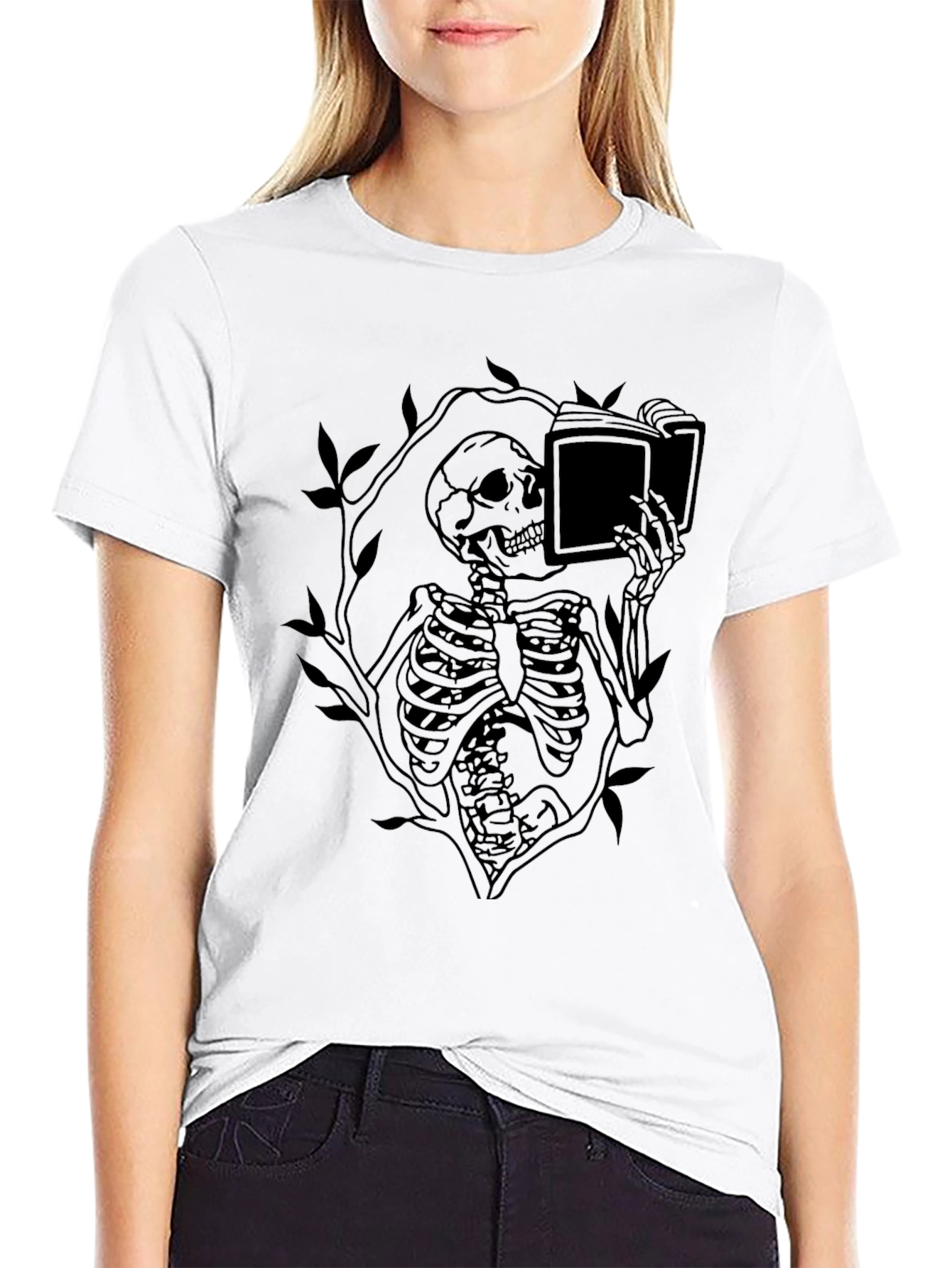 Black Skeleton Reading Book Graphic Tee - Black view 9