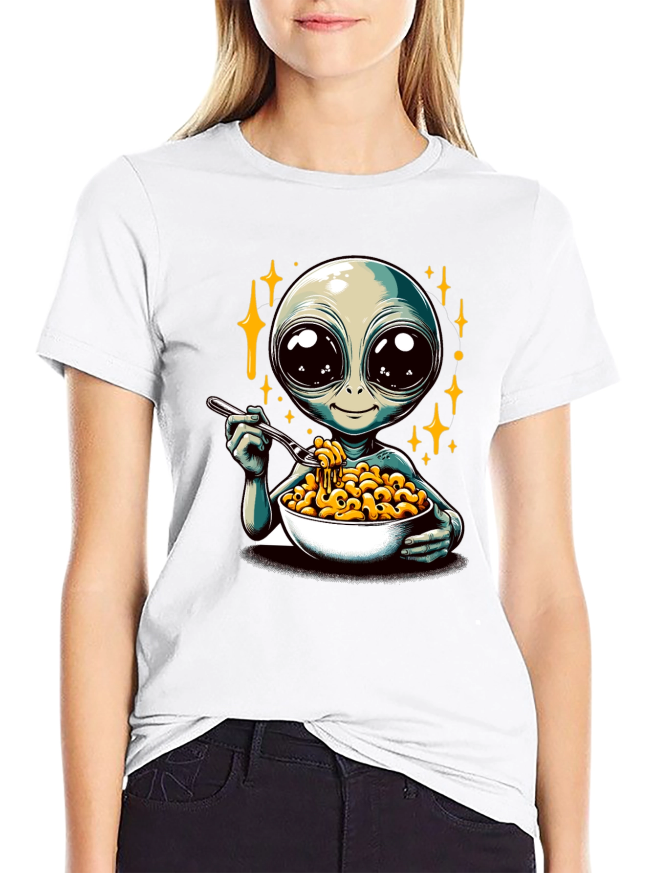 Black Alien Eating Mac & Cheese Graphic T-Shirt view 9