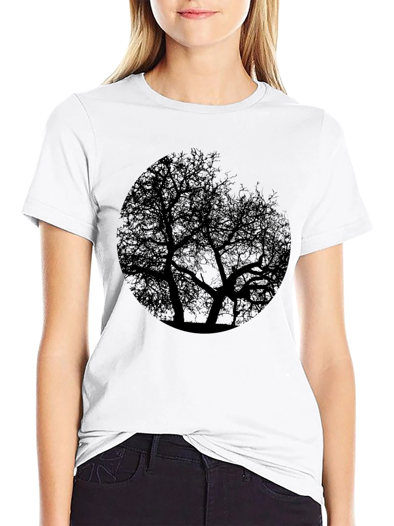 Black Tree Silhouette Graphic Print Black T-Shirt view 9