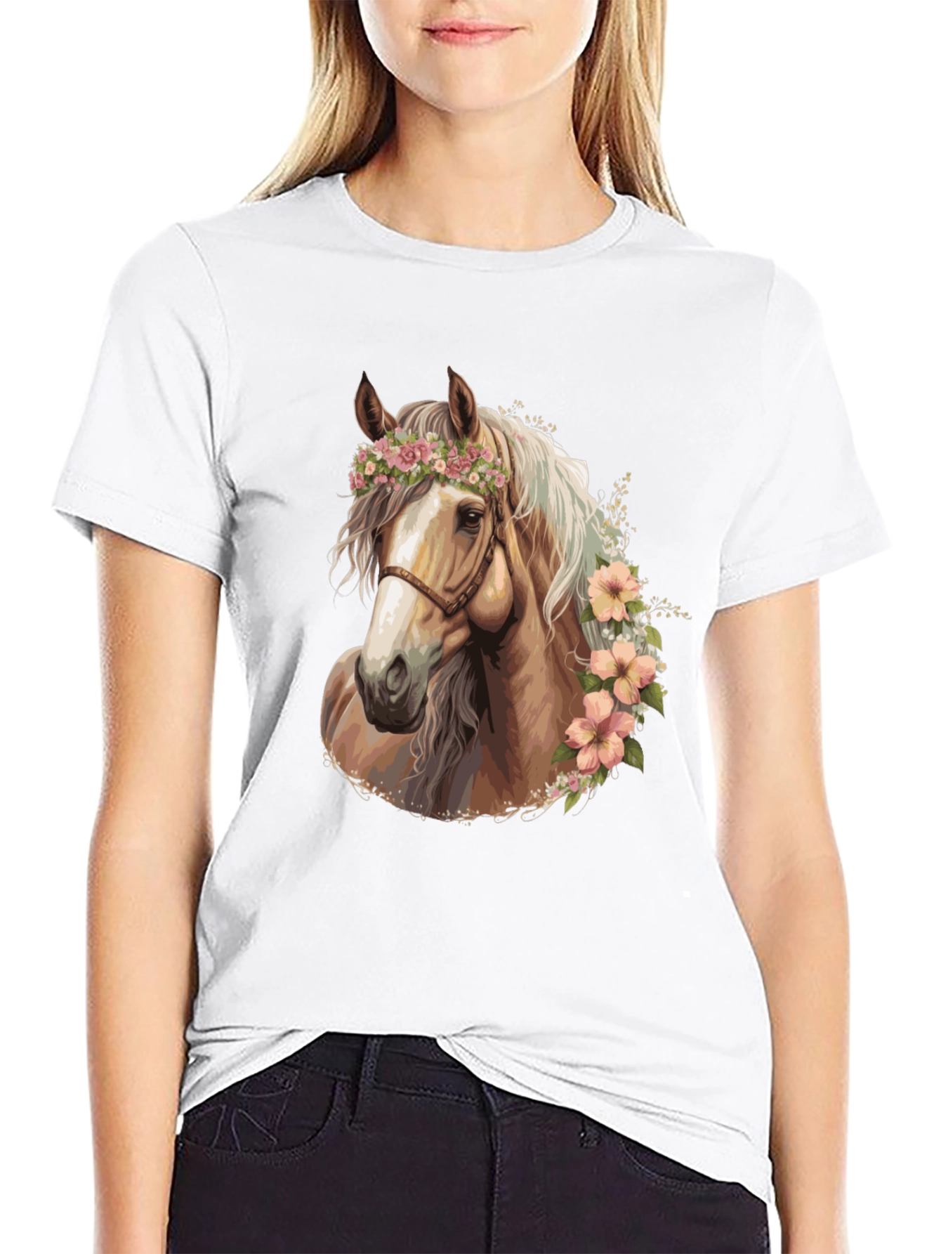 Black Floral Horse Graphic Tee - Stylish Black T-Shirt view 9