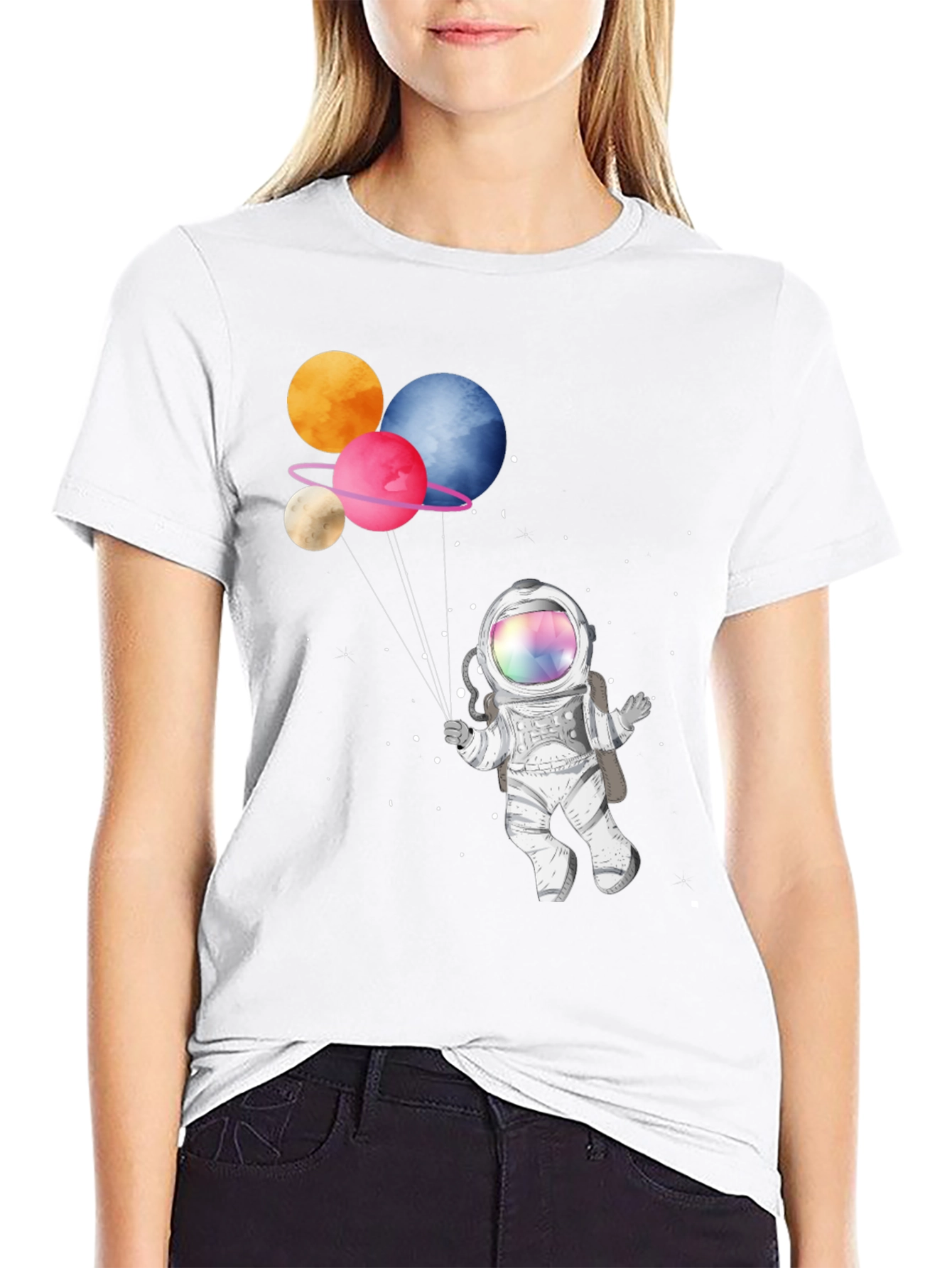 Black Astronaut with Planet Balloons Graphic T-Shirt view 9