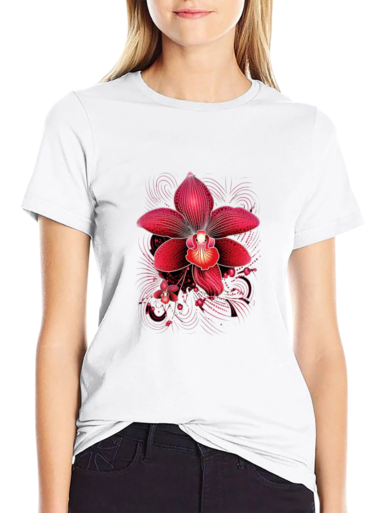 Black Red Orchid Graphic Print Black T-Shirt view 9