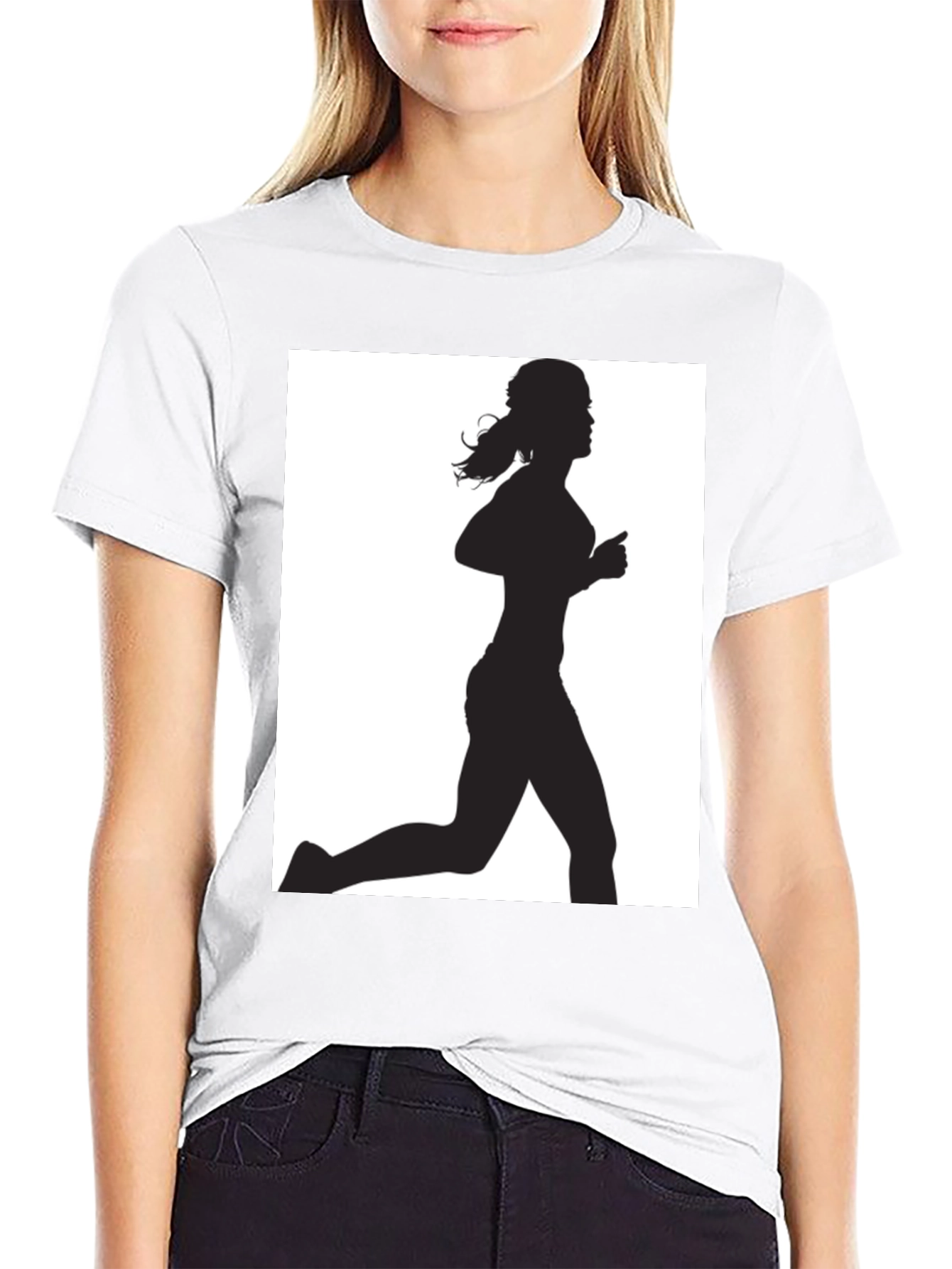 Black Woman Runner Silhouette Graphic Tee - Black Cotton T-Shirt view 9