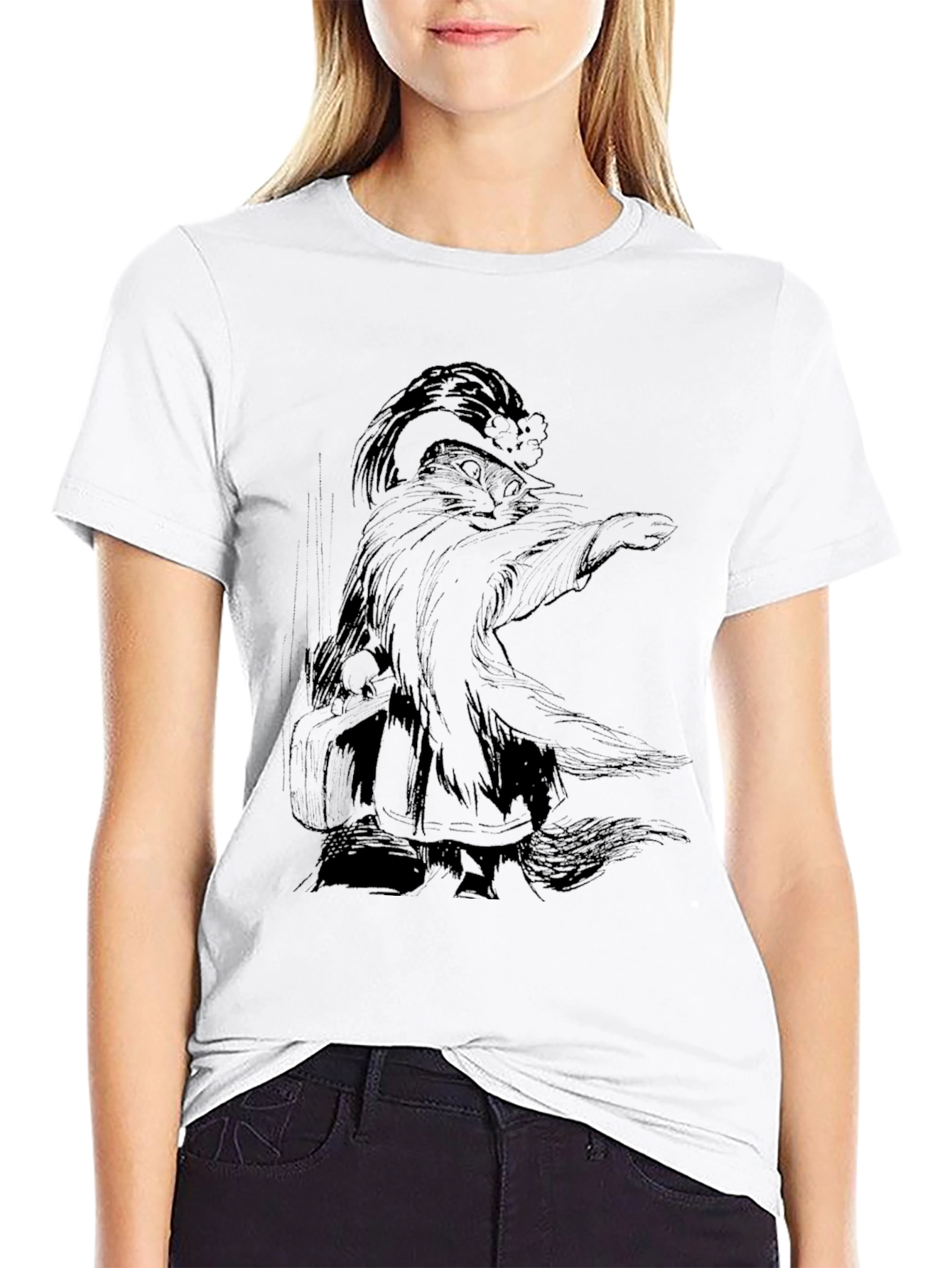 Whimsical Wizard Cat Graphic Tee - Black Cotton T-Shirt - 9