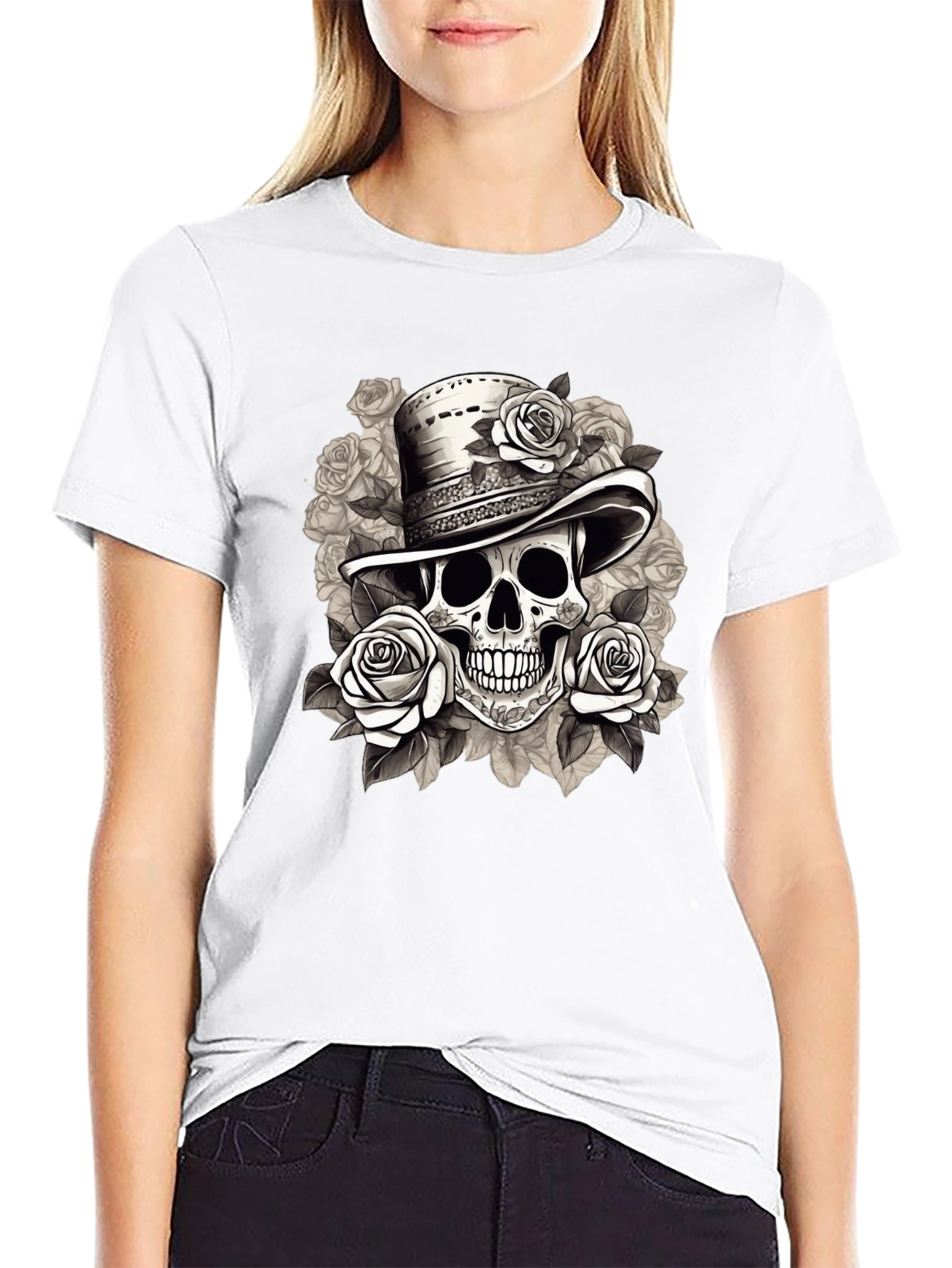 Black Skull & Roses Graphic Tee - Stylish Men's T-Shirt view 9