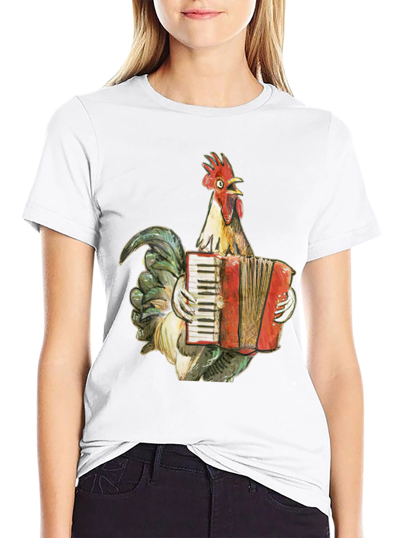 Black Funny Rooster Accordion T-Shirt - Novelty Tee view 9