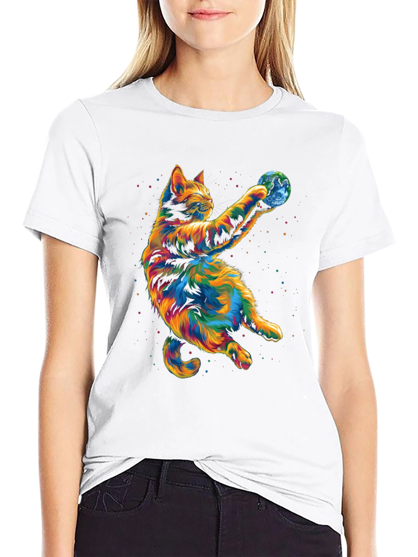 Black Colorful Cat Earth Graphic Tee view 9