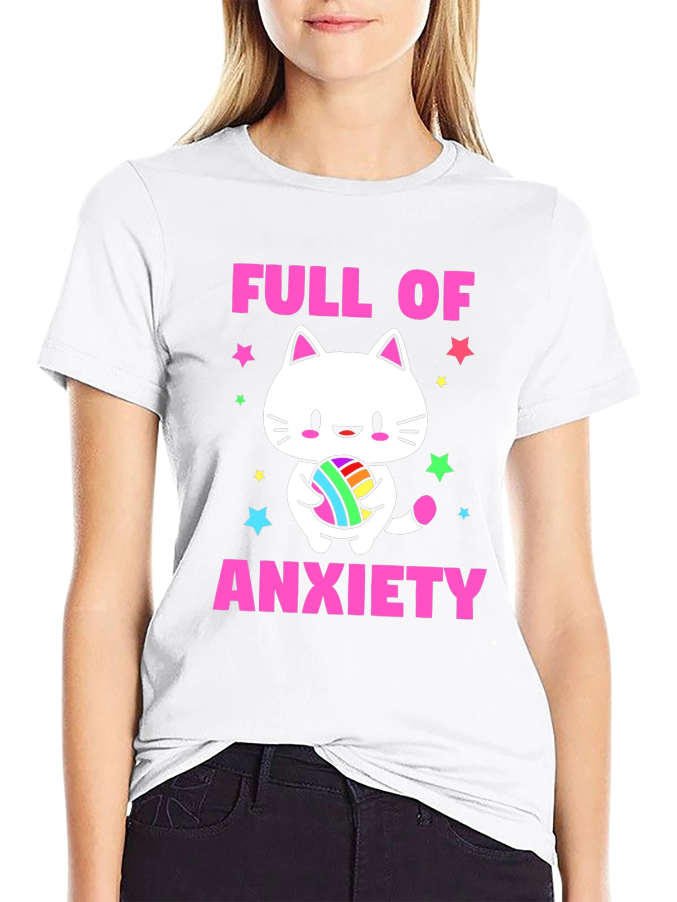Black Full of Anxiety Cat T-Shirt view 9