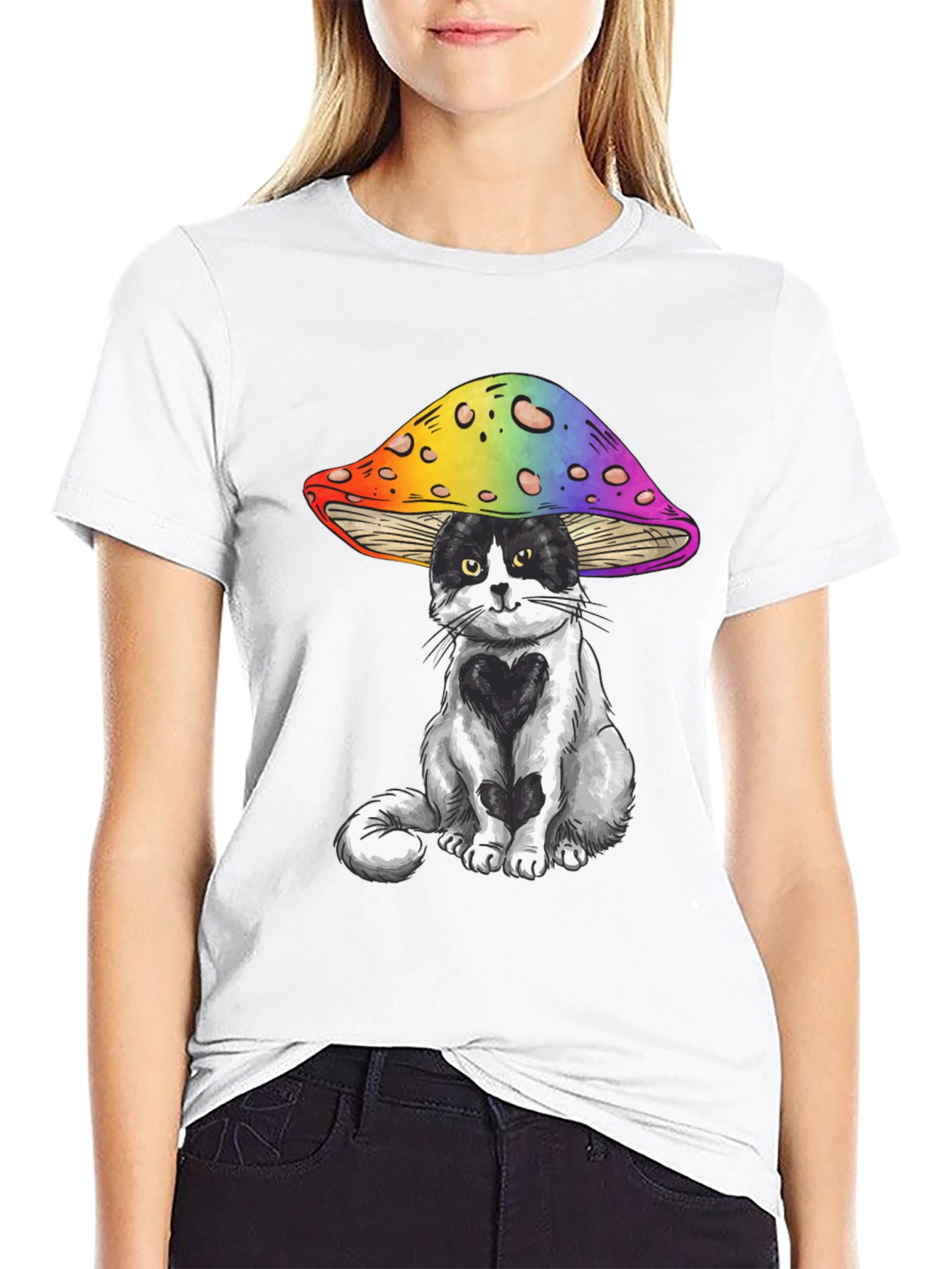 Black Cat Under Mushroom Graphic T-Shirt view 9