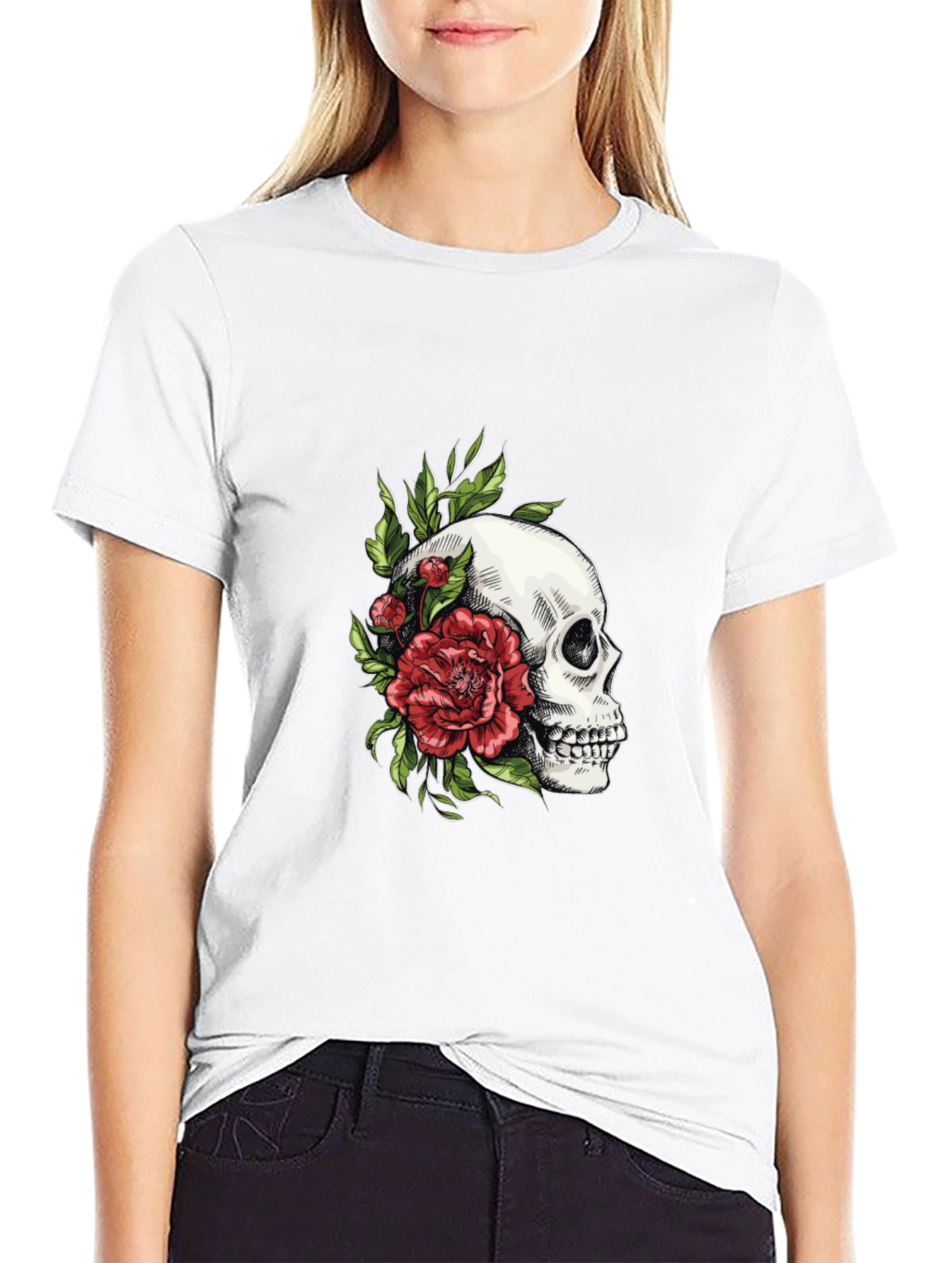 Black Skull & Rose Graphic T-Shirt - Edgy Style view 9