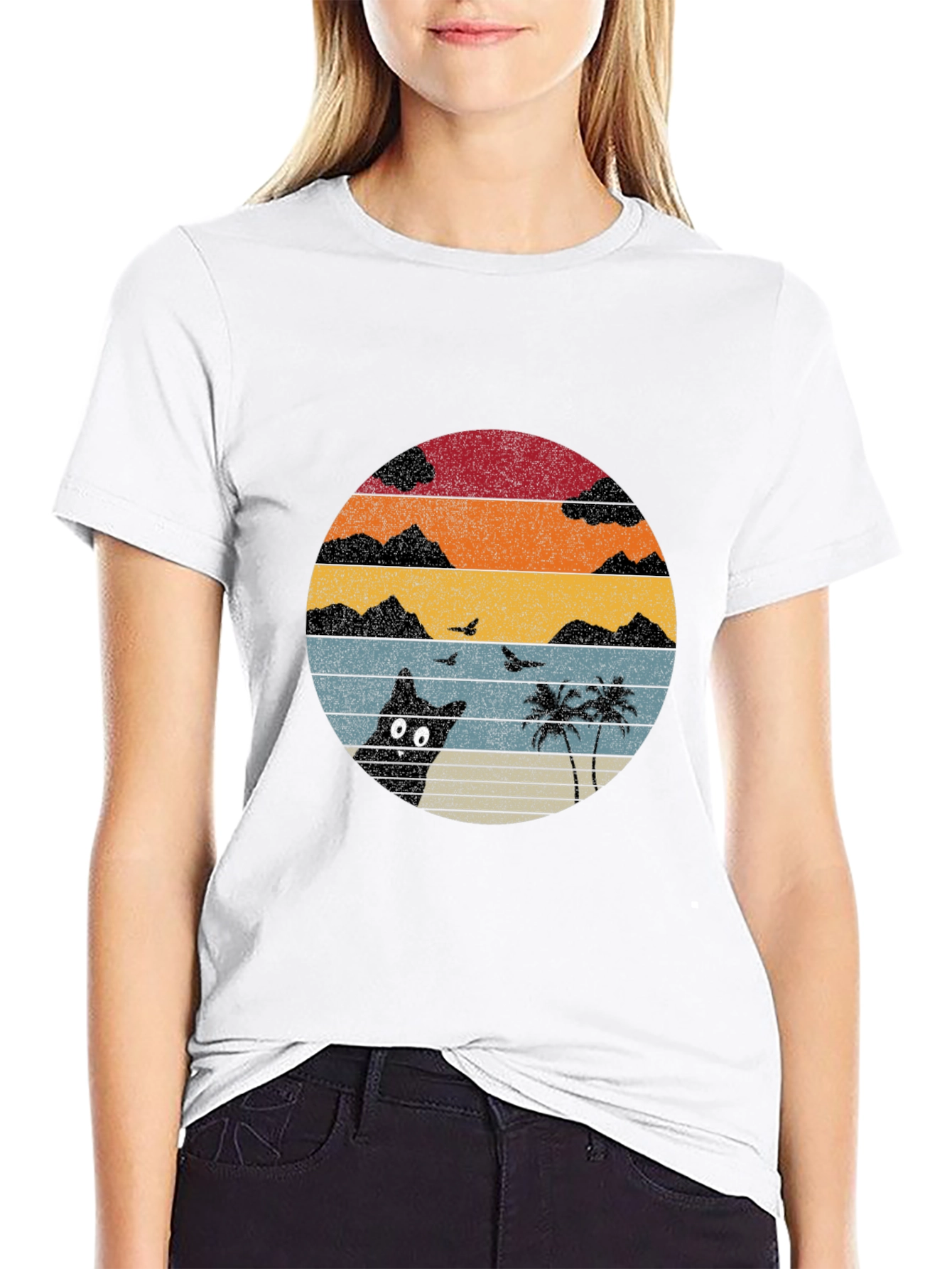 Black Retro Sunset Cat T-Shirt - Black view 9
