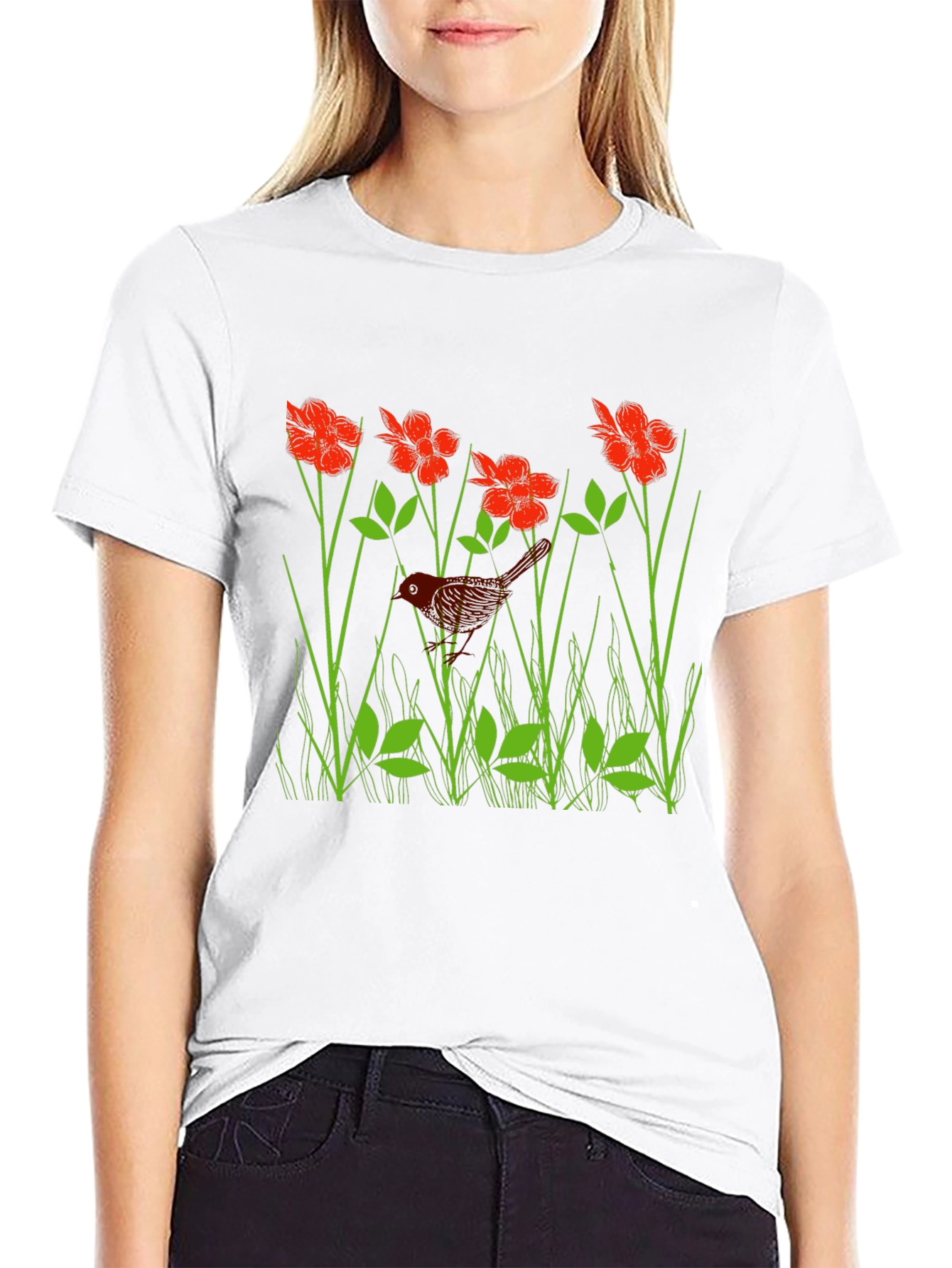 Black Bird in Flower Meadow Graphic Black T-Shirt view 9