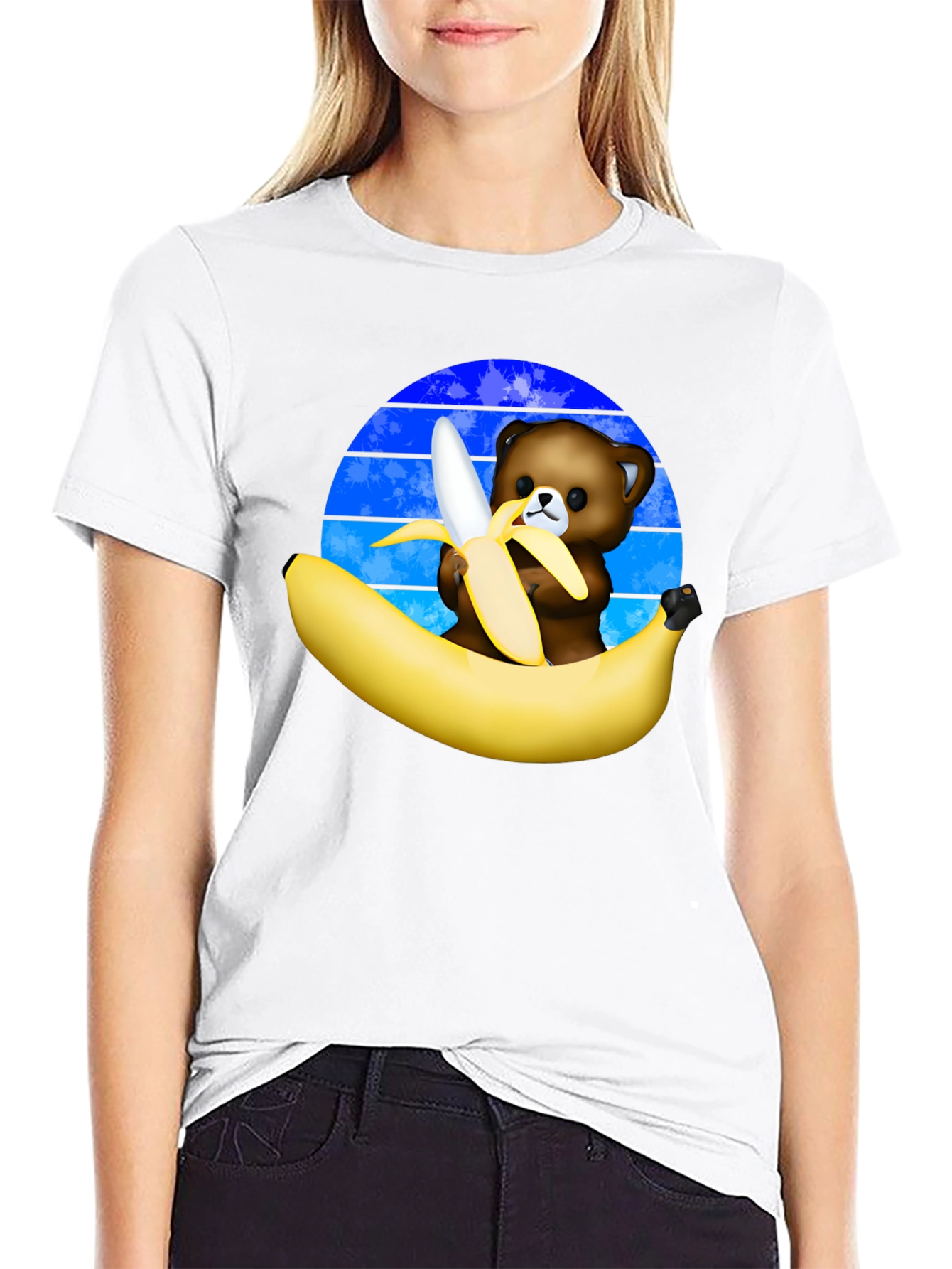 Black Funny Bear Eating Banana Graphic T-Shirt view 9