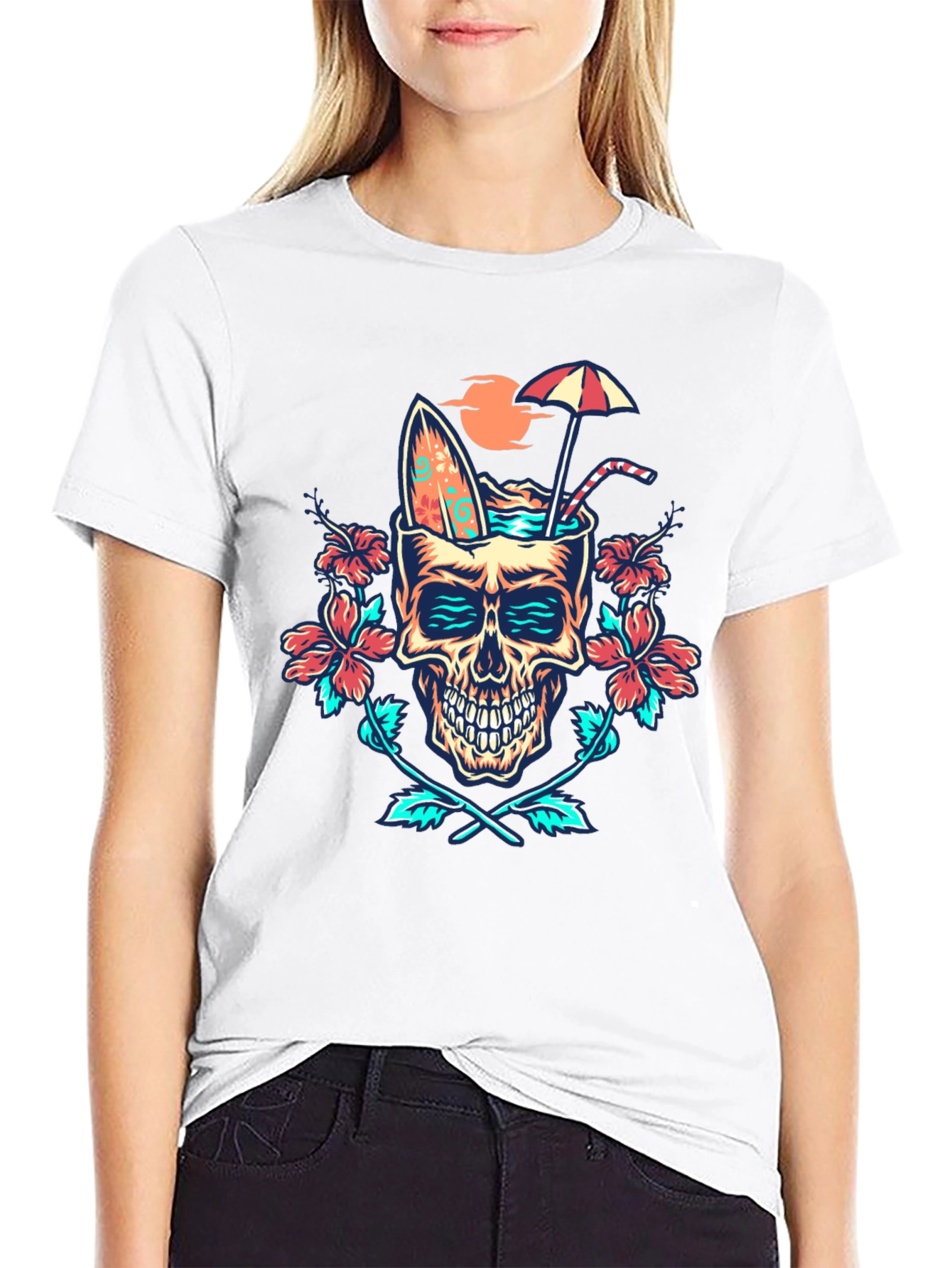 Black Tropical Skull Graphic T-Shirt - Beach Vibes! view 9
