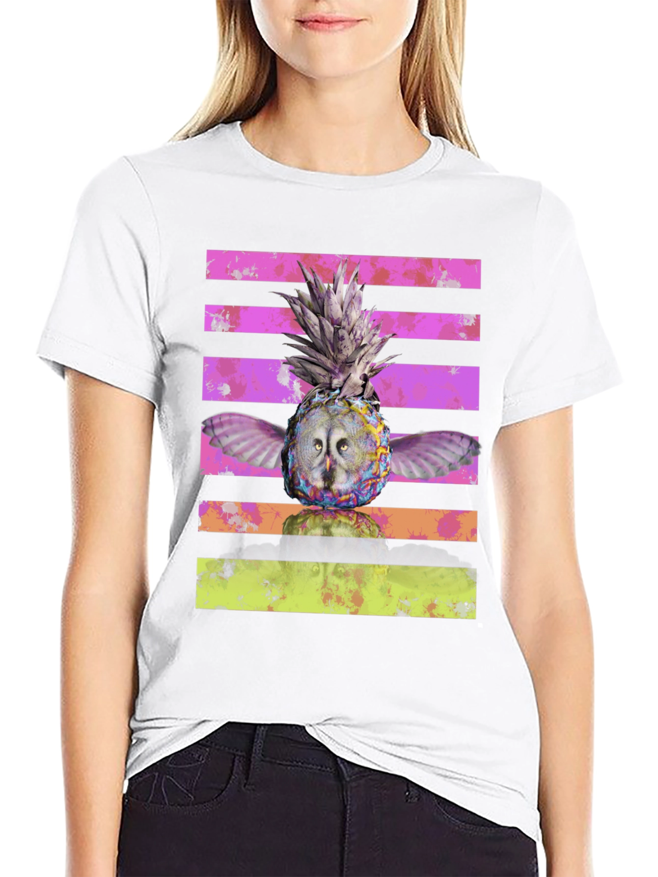 Black Owl Pineapple Graphic Print T-Shirt view 9