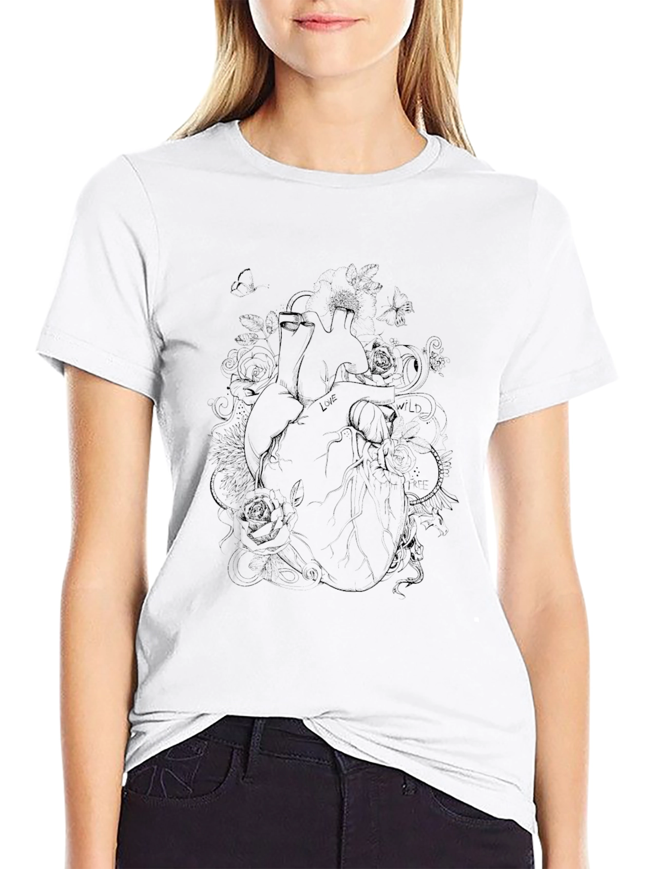 Black Anatomical Heart Rose T-Shirt - Black Cotton Blend Tee view 9