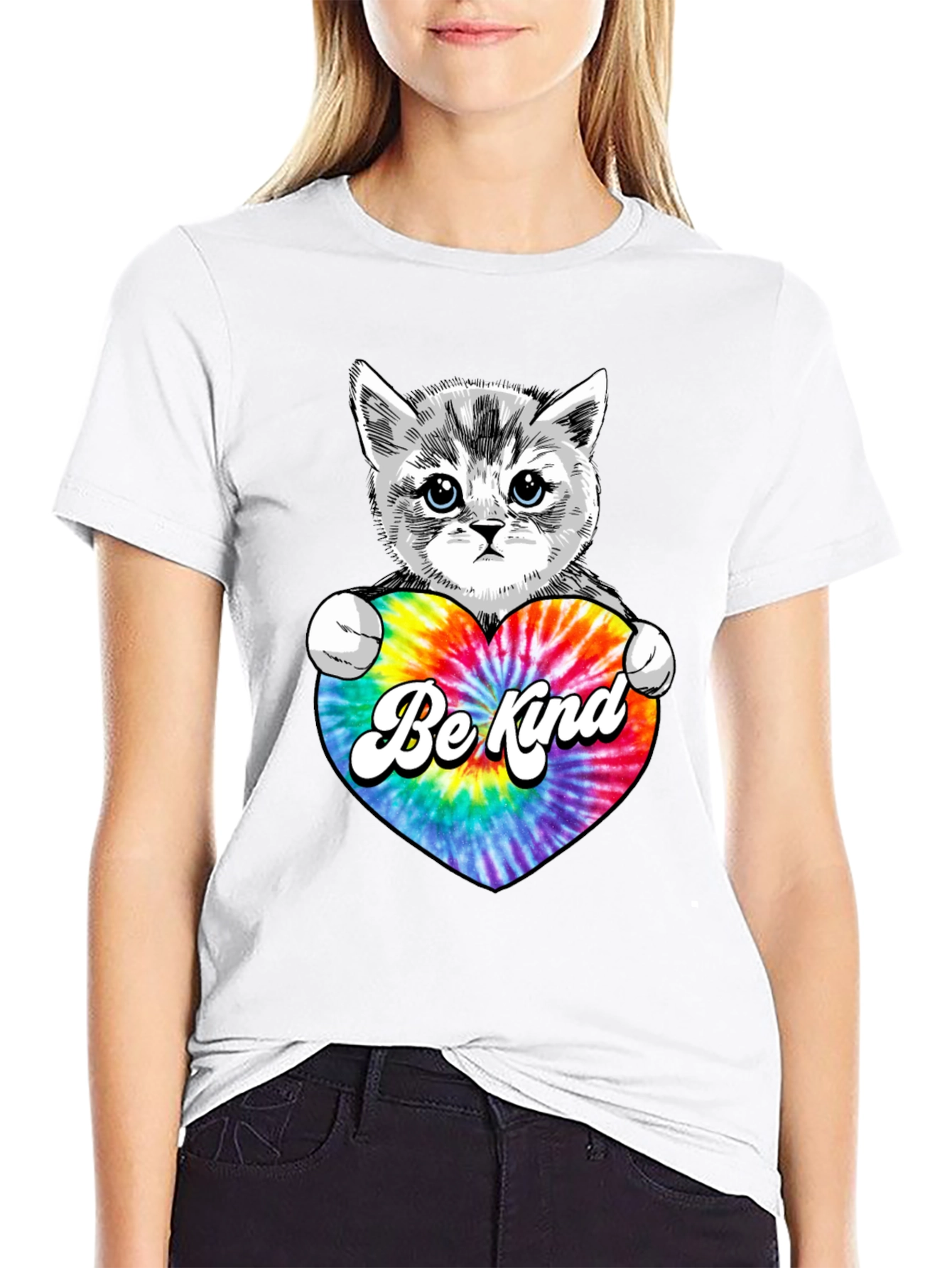 Black Cute Kitten 'Be Kind' Tie-Dye Heart T-Shirt view 9