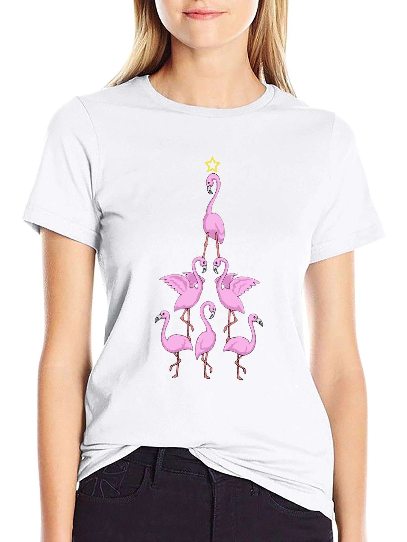 Black Flamingo Christmas Tree Graphic T-Shirt view 9