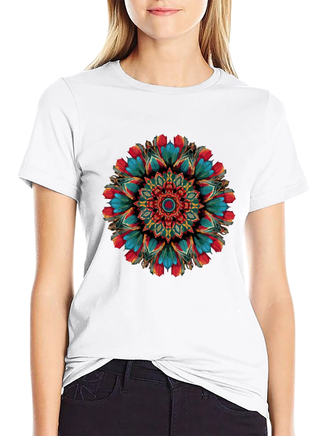 Black Vibrant Mandala Graphic Print Black T-Shirt view 9