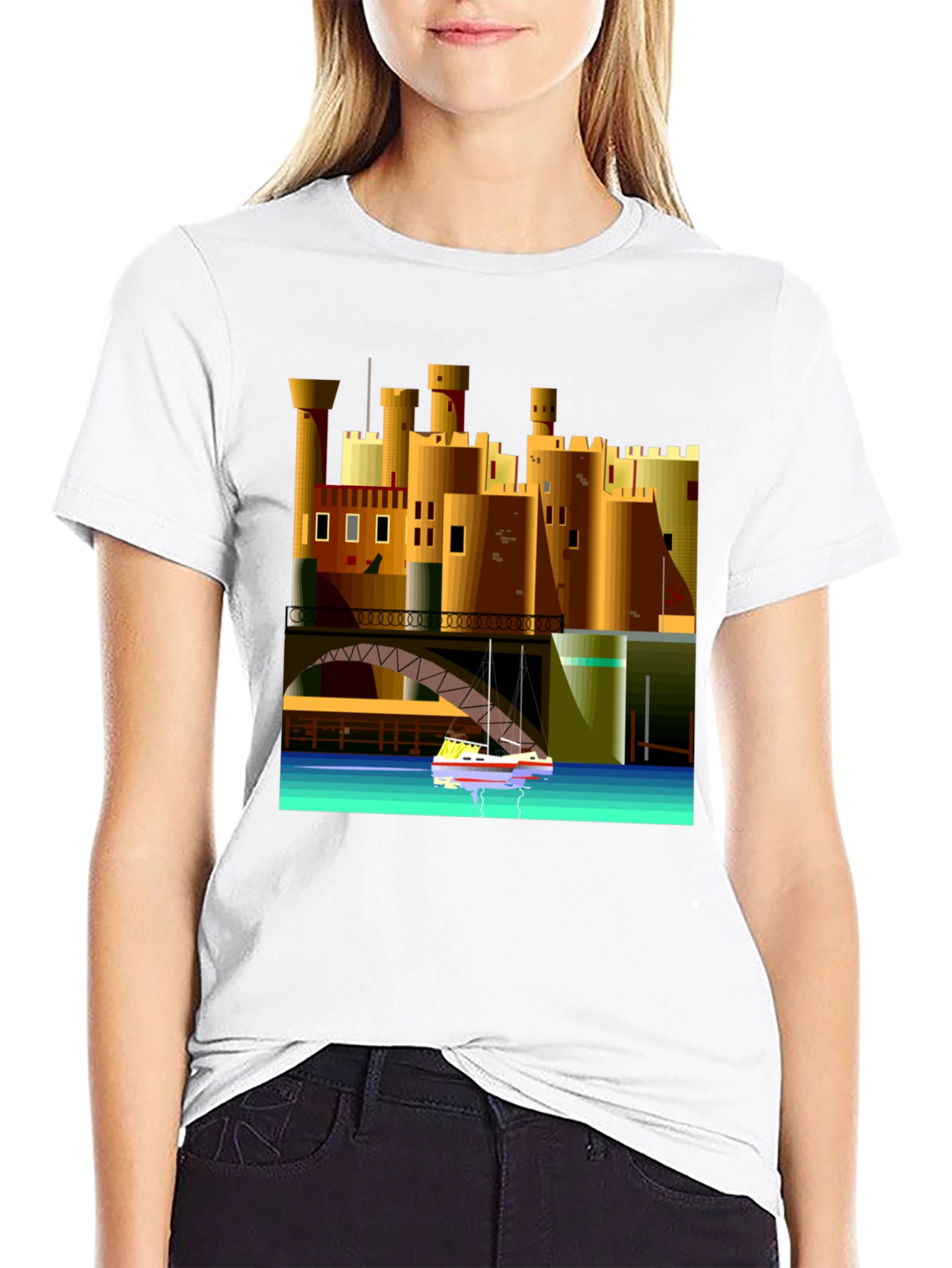 Black Cityscape Boat T-Shirt - Unique Graphic Tee view 9