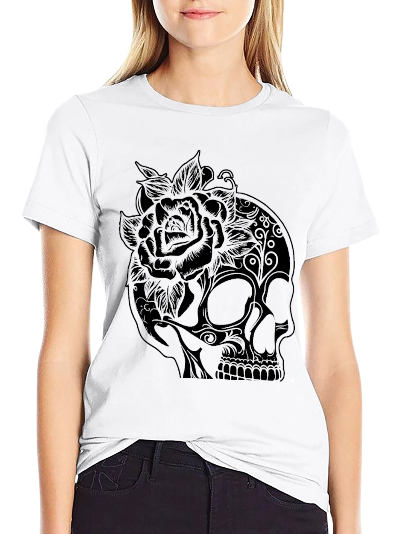 Black Skull and Rose Graphic Tee - Black view 9