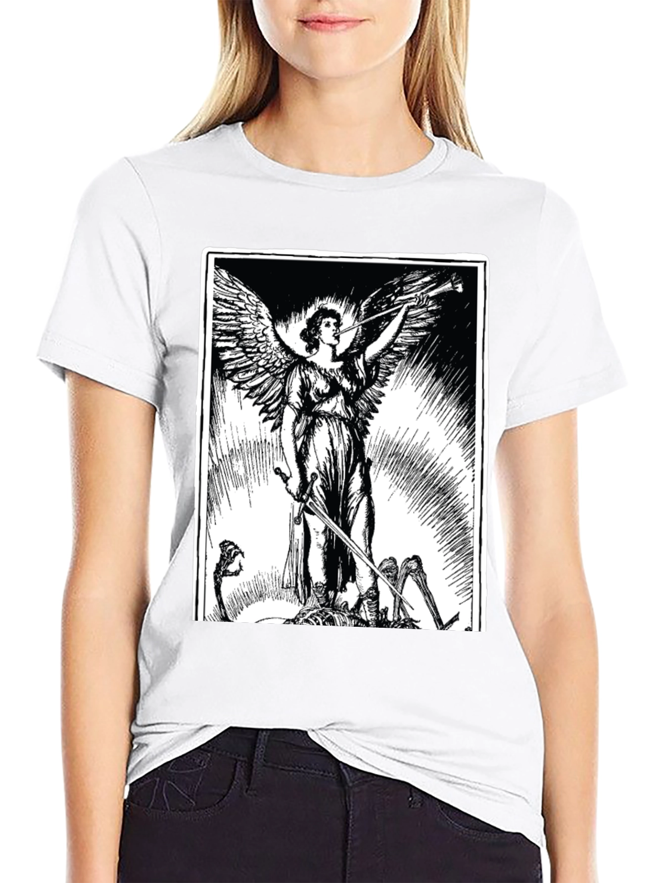 Black Angel with Sword Graphic Print Black T-Shirt view 9